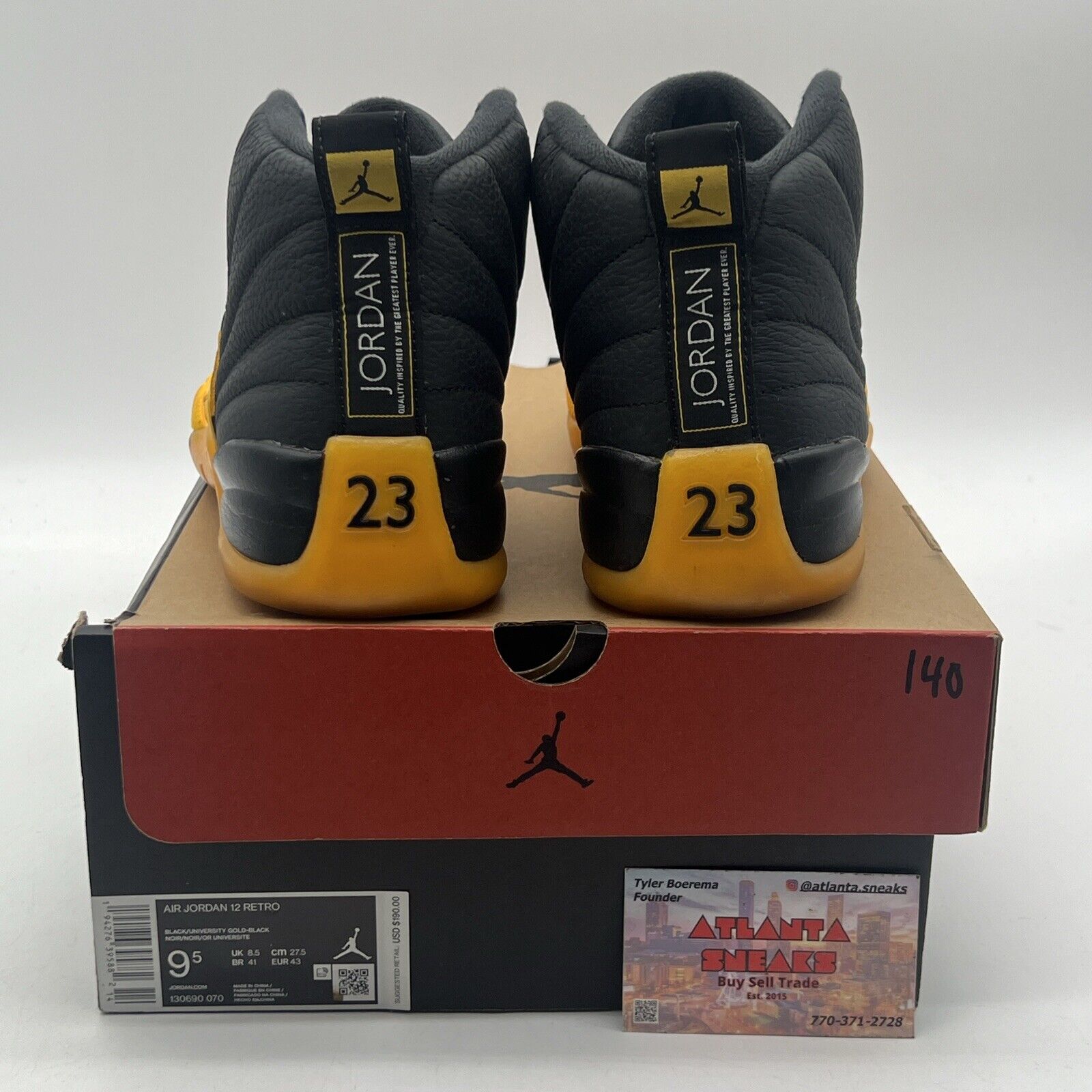 Size 9.5 - Jordan 12 Retro University Gold 2020 Black Leather (130690-070)