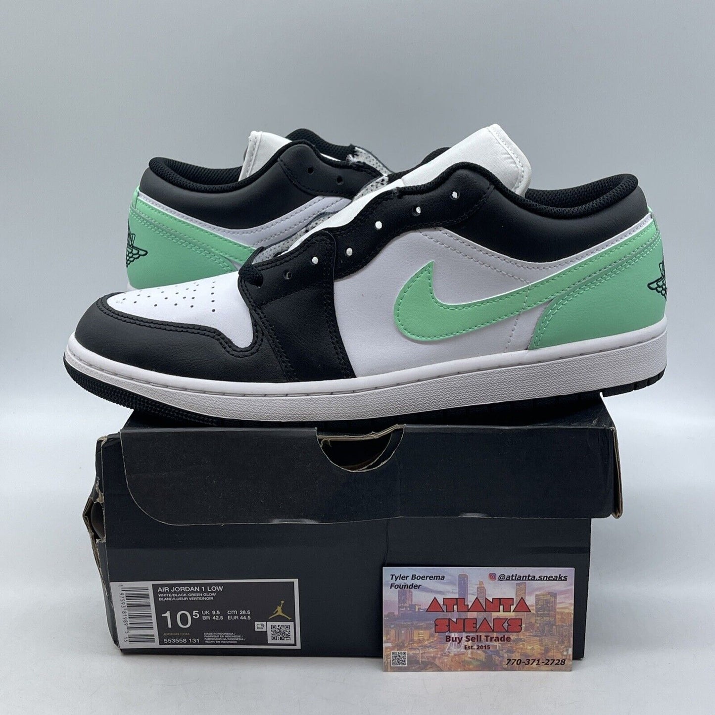 Size 10.5 - Air Jordan 1 Low Green Glow Black White Leather (553558-131)