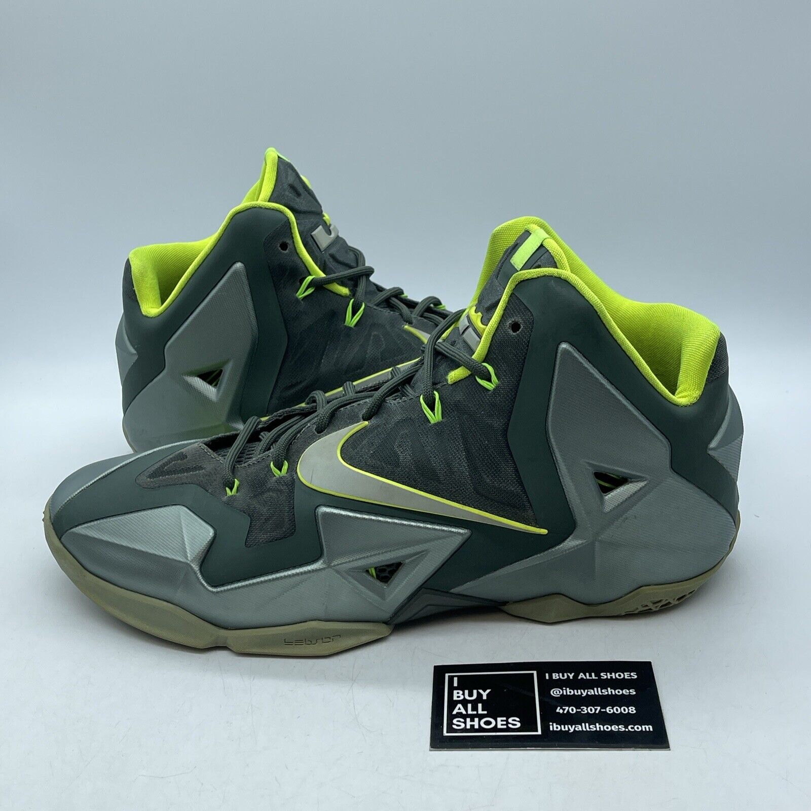 Size 12 - Nike LeBron 11 Dunkman Grey Neon Green Suede Leather (616175-300)
