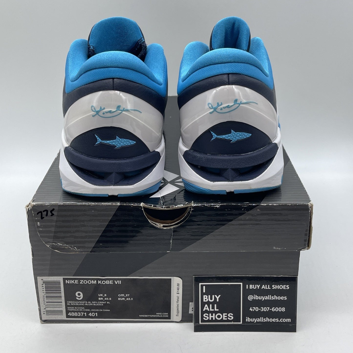 Size 9 - Nike Zoom Kobe 7 System Shark Blue White Leather (488371-401)
