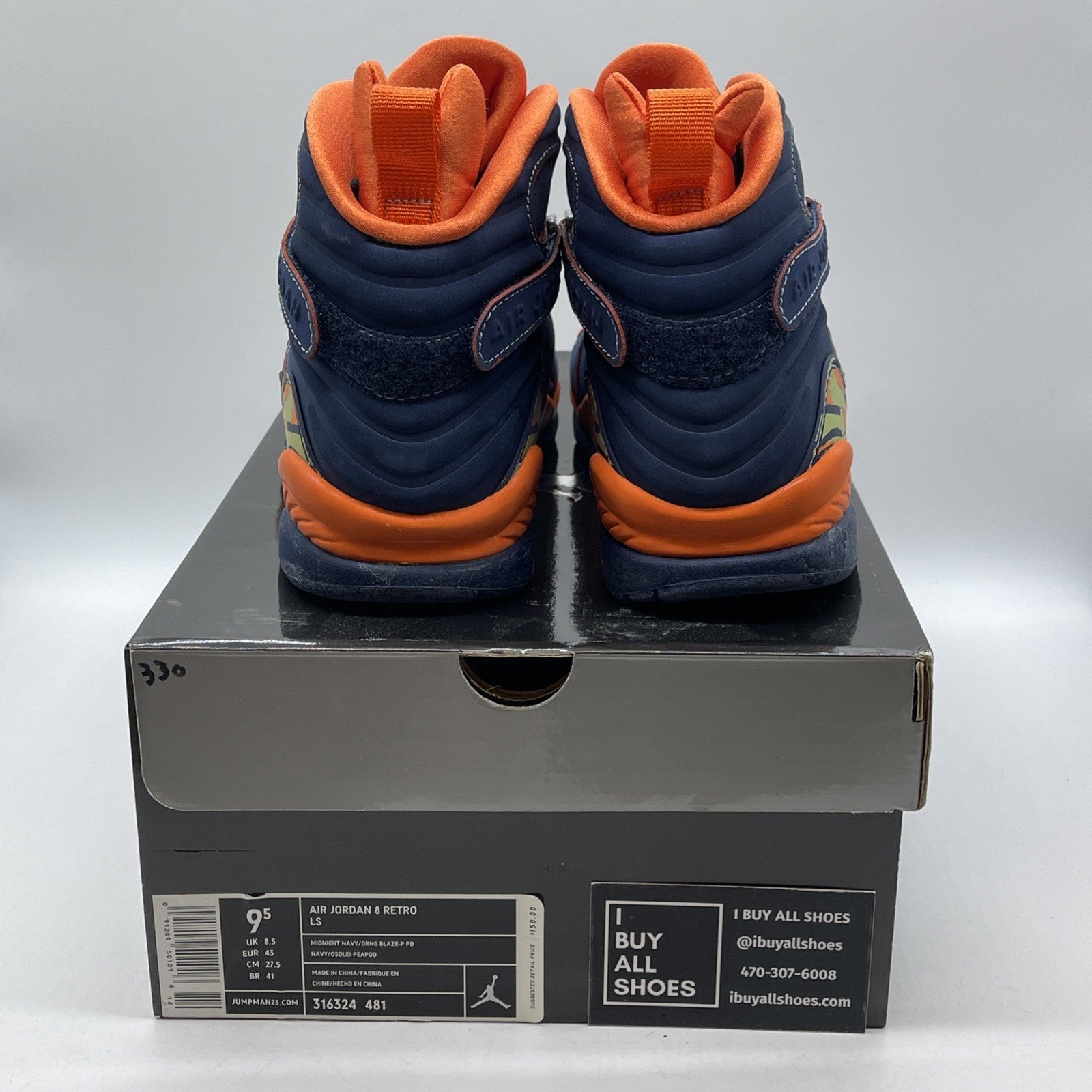 Size 9.5 - Air Jordan 8 Retro LS Pea Pods Blue Orange Suede (316324-481)