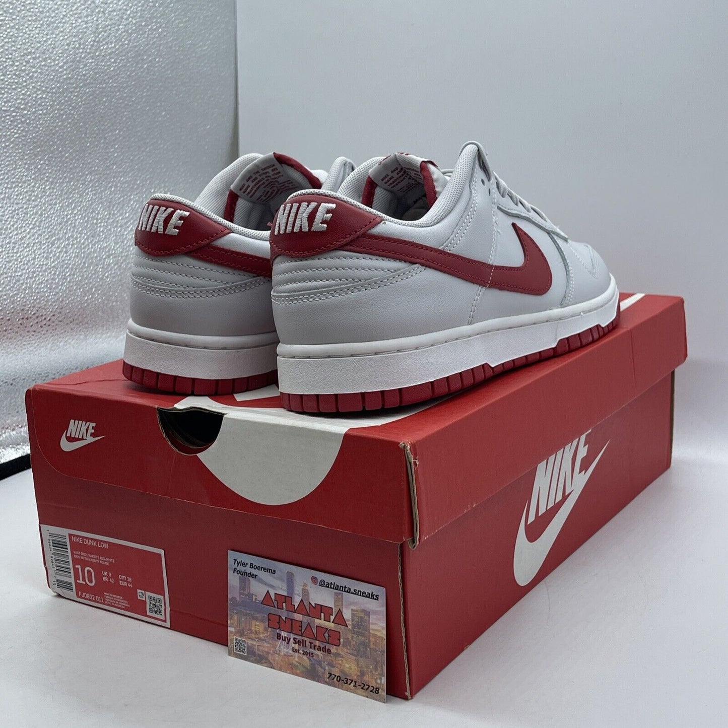 Size 10 - Dunk Low Vast Grey Varsity Red White Leather (FJ0832-011)