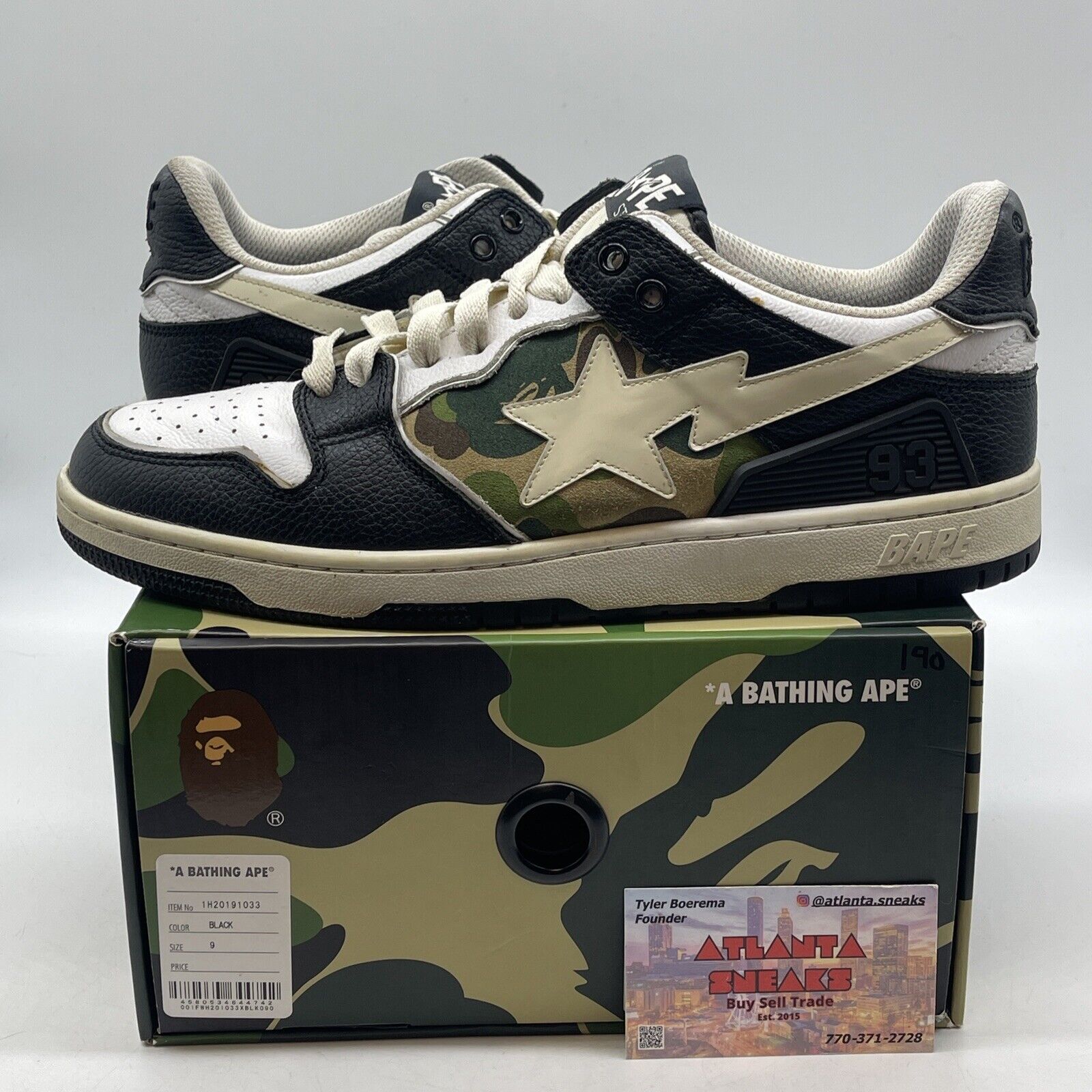 Size 9 - A Bathing Ape Sk8 Sta Black Camo White Black  Leather (1H20191033)