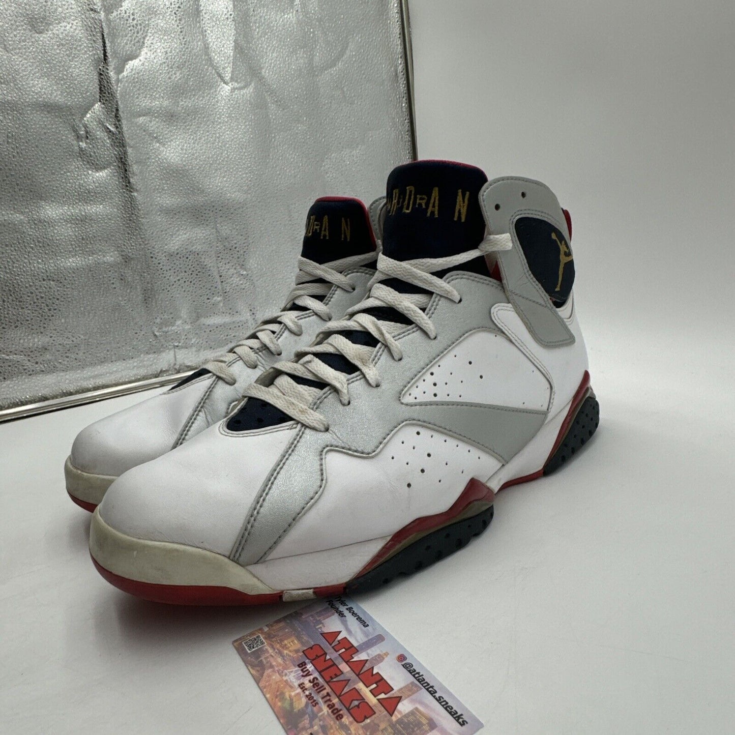 Size 14 - Jordan 7 Retro Olympic 2012 White Gold Paris Gold Red Shiny Navy