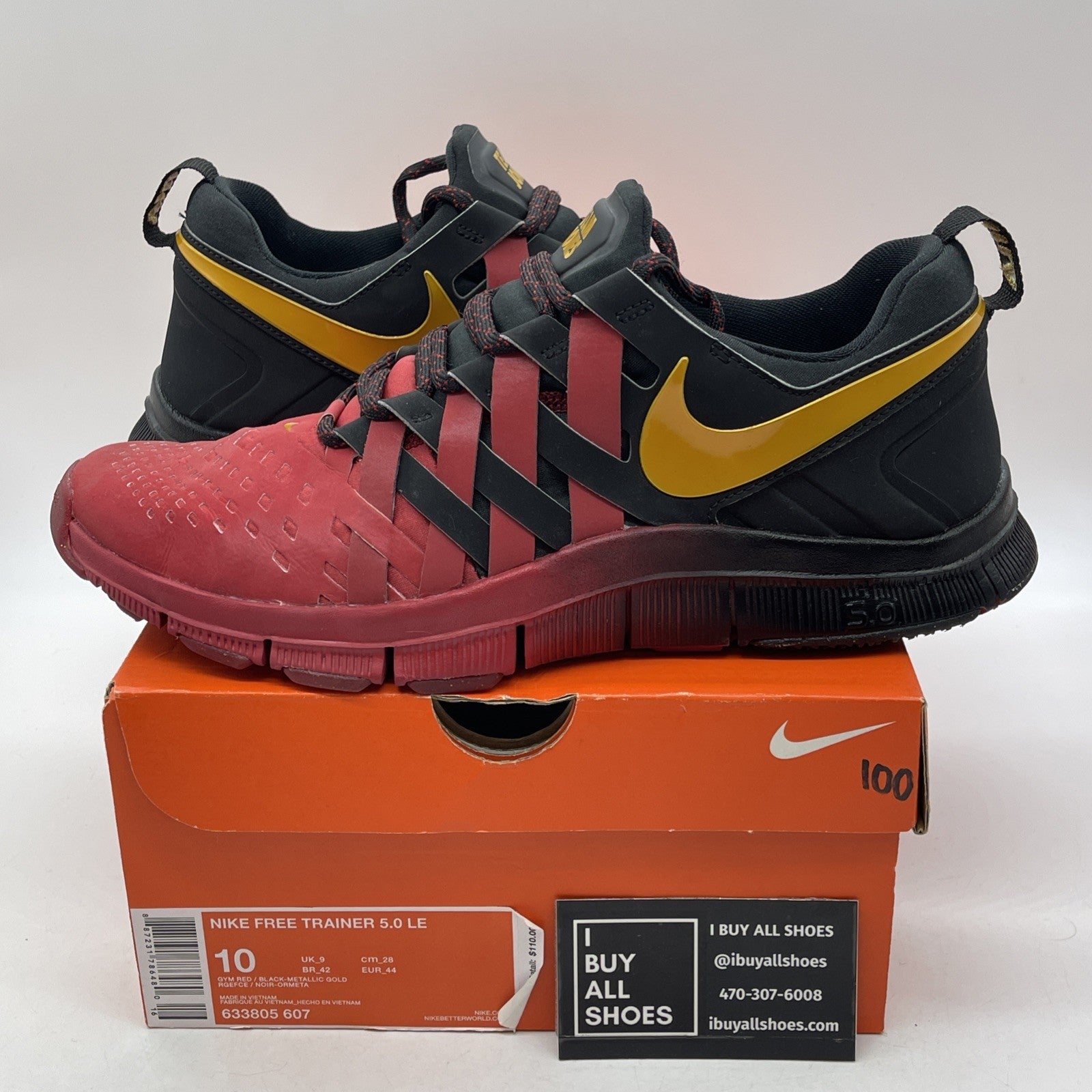 Size 10 - Nike Free Trainer 5.0 Team Jones Black Red Gold Suede (633805-607)