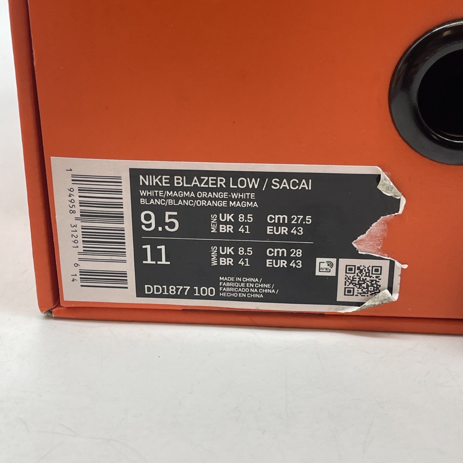 Size 9.5 - Nike sacai x Blazer Low Magma Orange White Leather (DD1877-100)