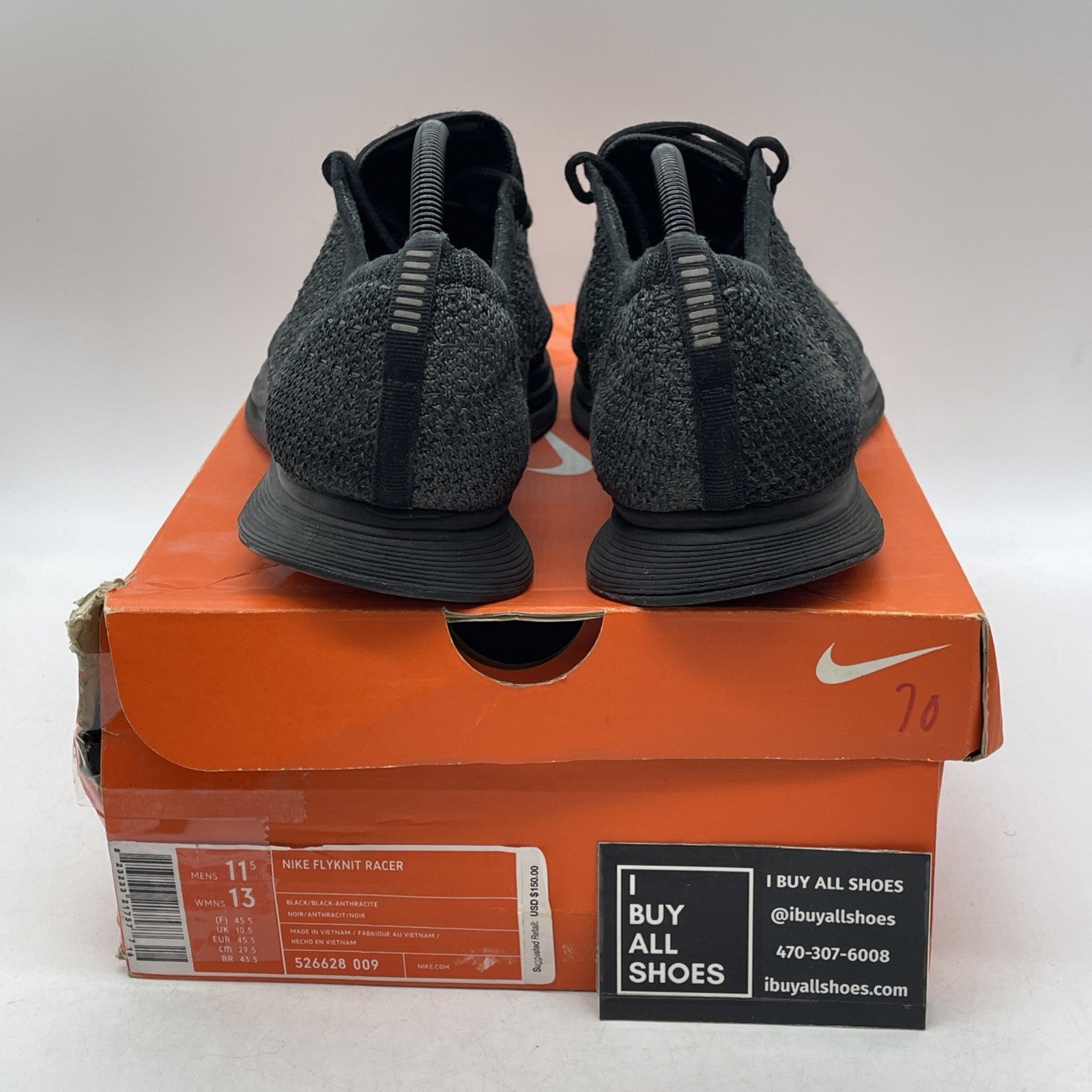 Size 11.5 - Nike Flyknit Racer Triple Black (526628-009)