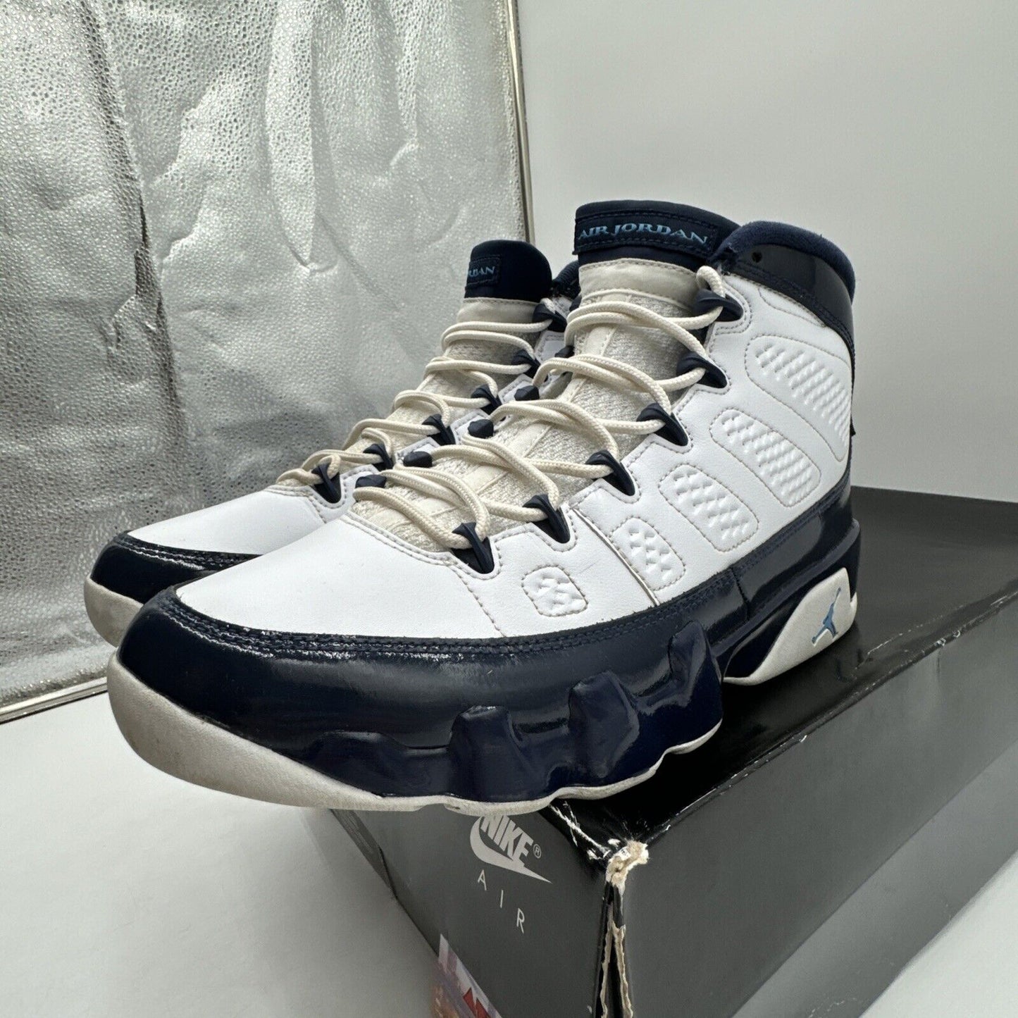 Size 9.5 - Jordan 9 Retro Pearl Blue, UNC 2019 Patent Leather Tar Heel Navy OG A