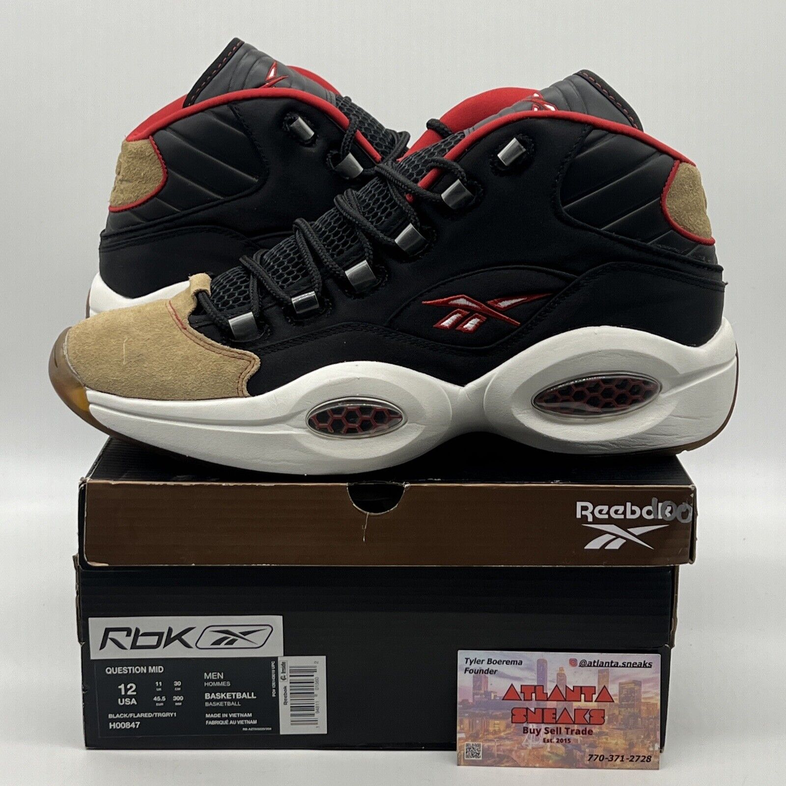 Size 12 - Reebok Question Mid 76ers Alternate Black Red White Gum Leather Suede