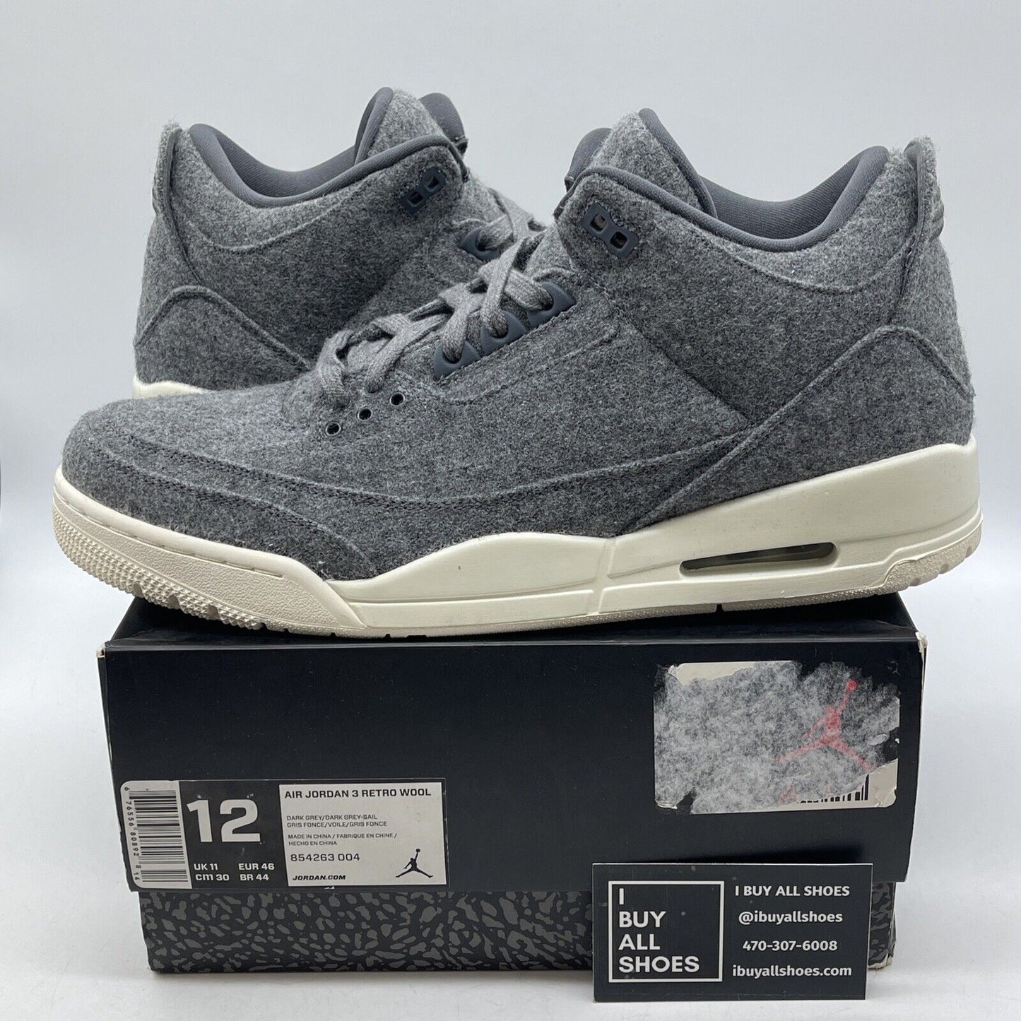 Size 12 - Air Jordan 3 Retro Wool Grey White Suede Leather (854263-004)