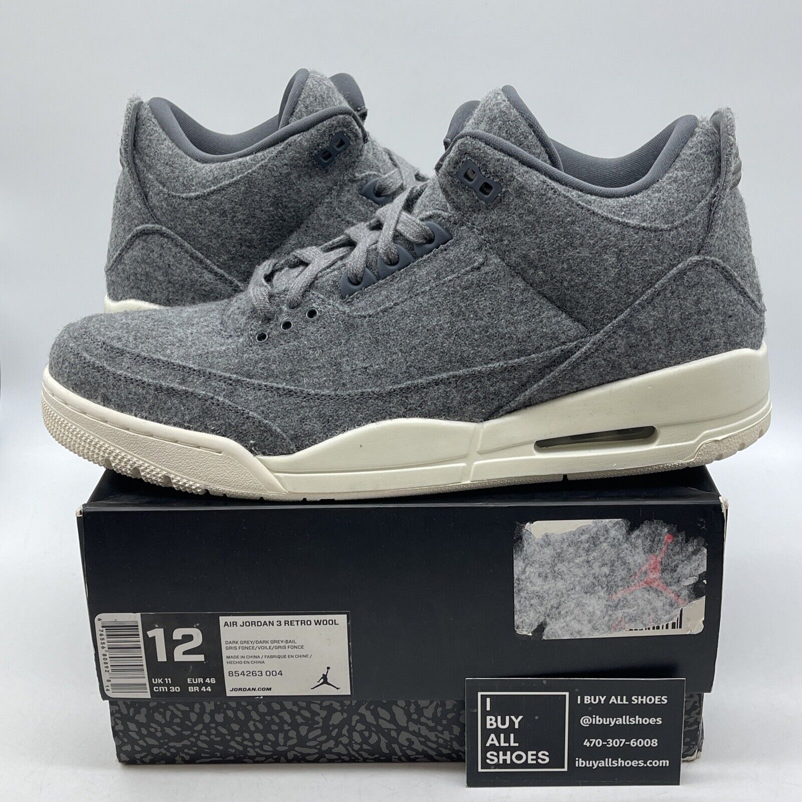 Size 12 - Air Jordan 3 Retro Wool Grey White Suede Leather (854263-004)