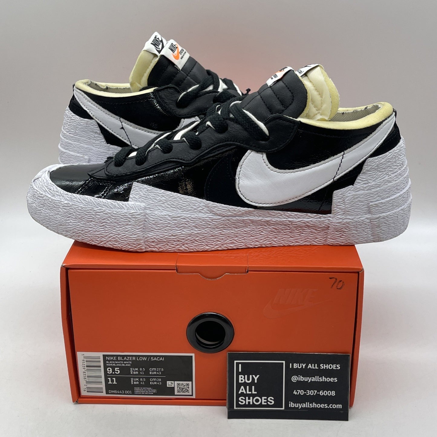 Size 9.5 - Nike sacai x Blazer Low Black Patent (DM6443-001)