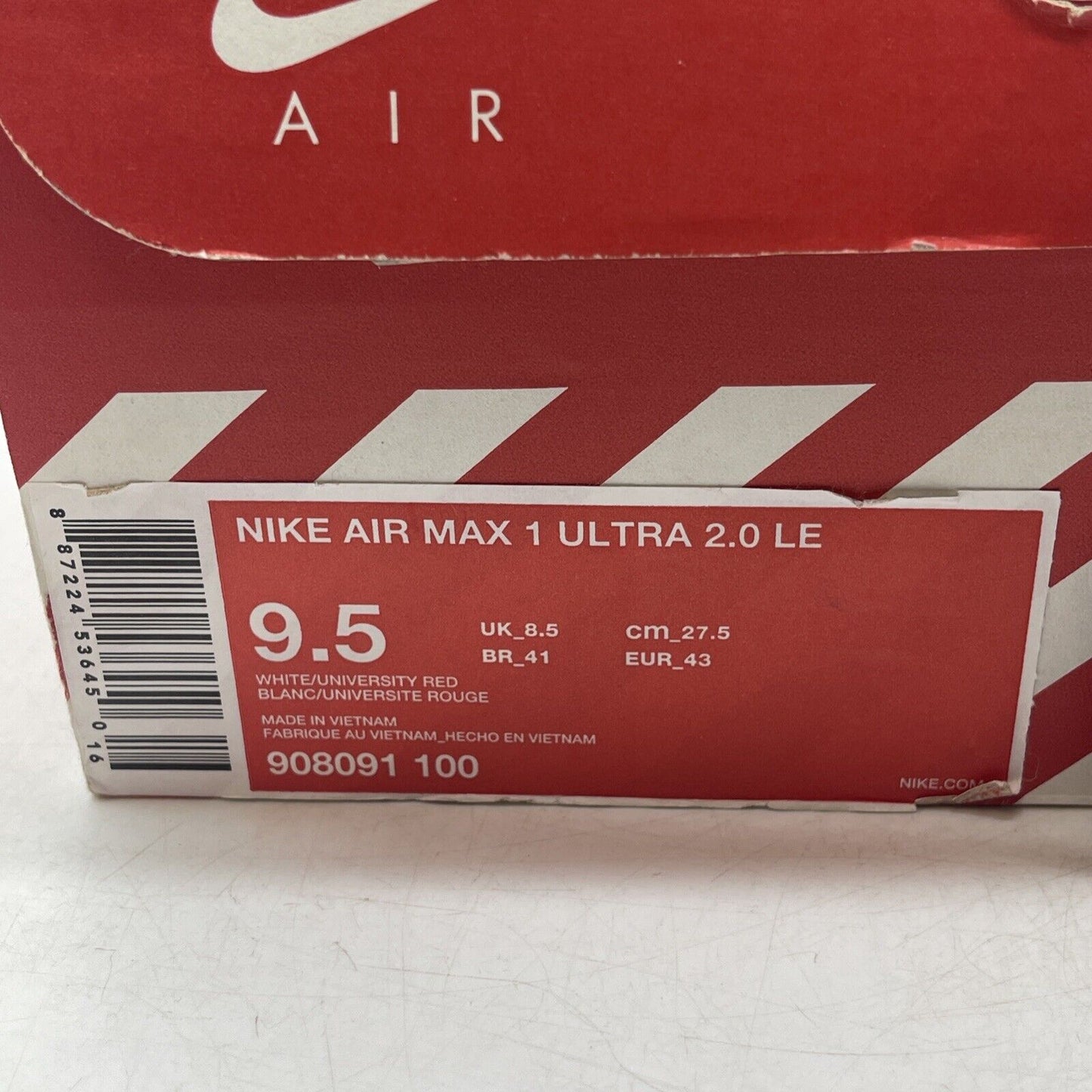 Size 9.5 - Nike Air Max 1 Ultra 2.0 Air Max Day White Red (908091-100)