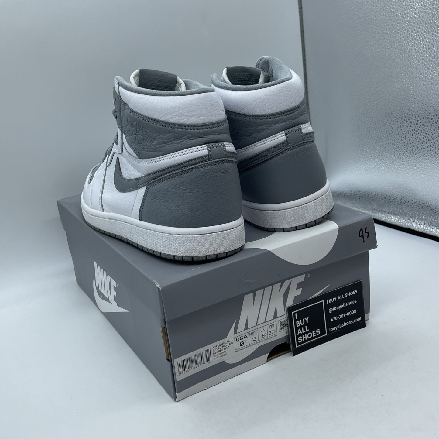 Size 9.5 - Jordan 1 Retro High OG Stealth Grey White Leather (555088-037)