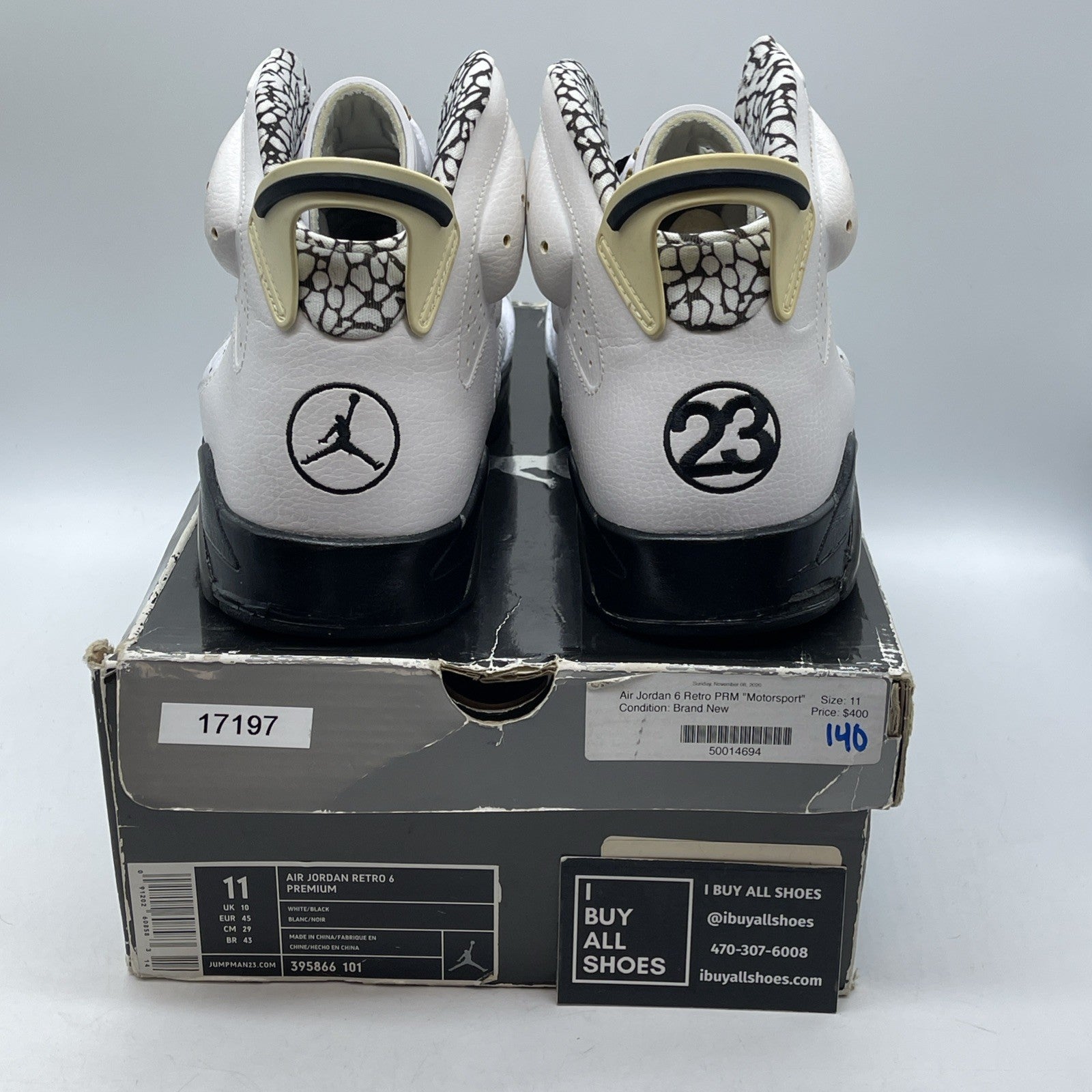 Size 11 - Air Jordan 6 Retro Premium Motorsports White Leather (395866-101)