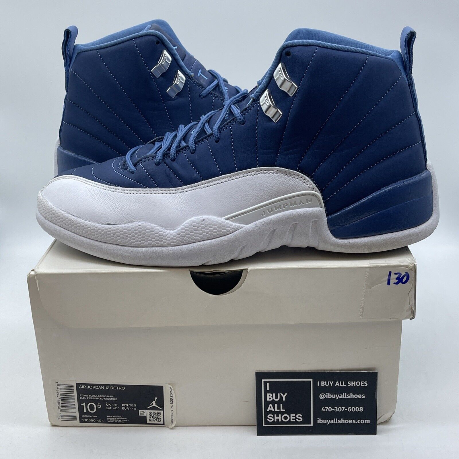Size 10.5 - Jordan 12 Retro Indigo Blue Silver White Leather (130690-404)