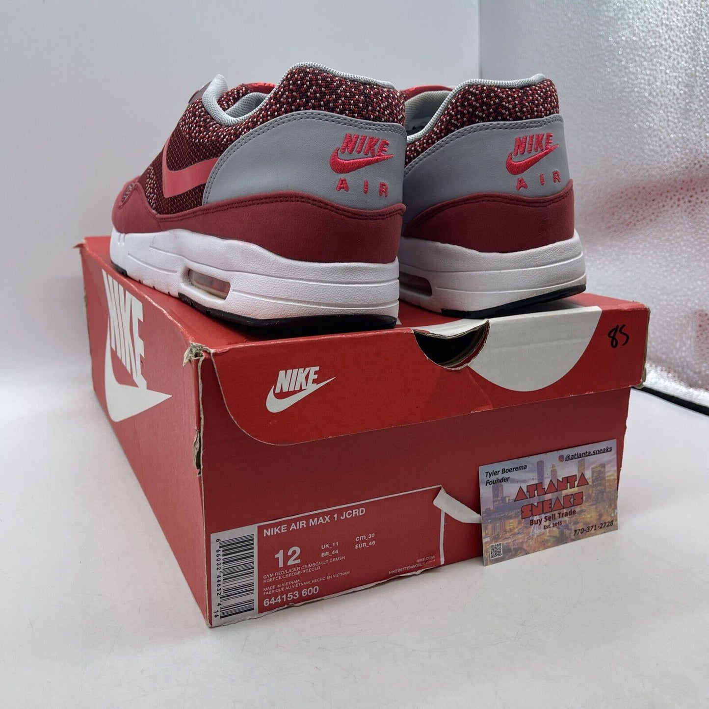 Size 12 - Nike Air Max 1 JCRD Gym Red White Grey Black Suede (644153-600)