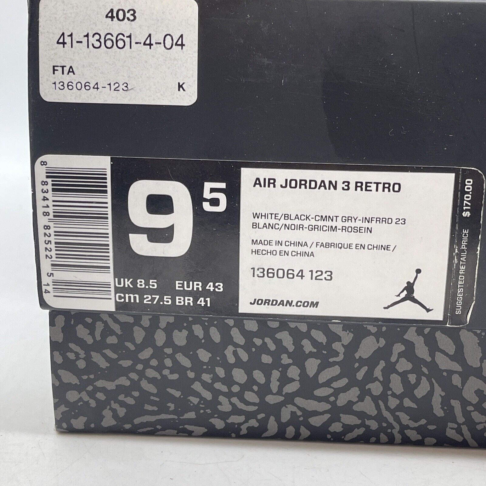 Size 9.5 - Air Jordan 3 Retro Infrared 23 White Leather Grey Suede (136064-123)