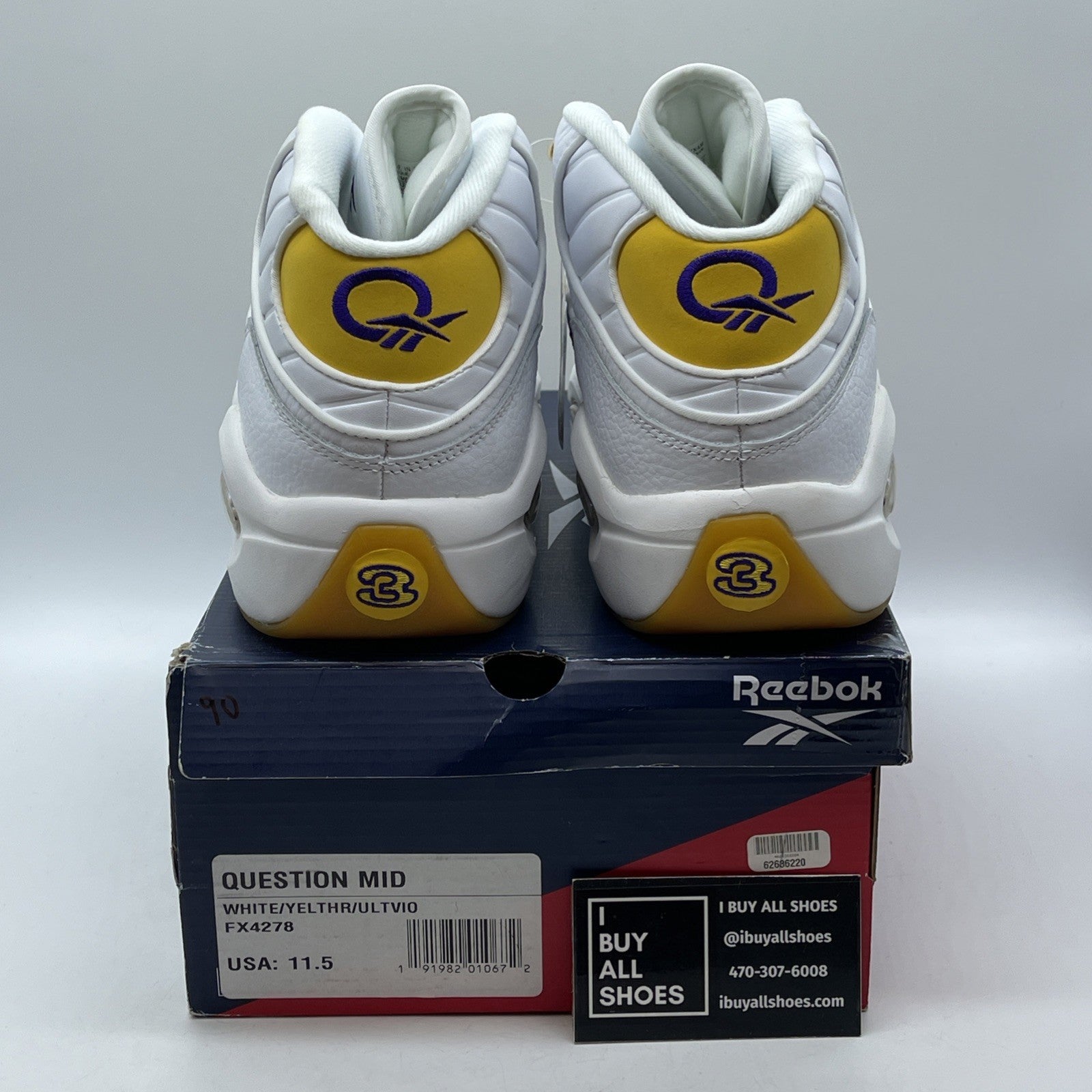 Size 11.5 - Reebok Question Mid Allen Iverson White Yellow Toe Lakers Kobe