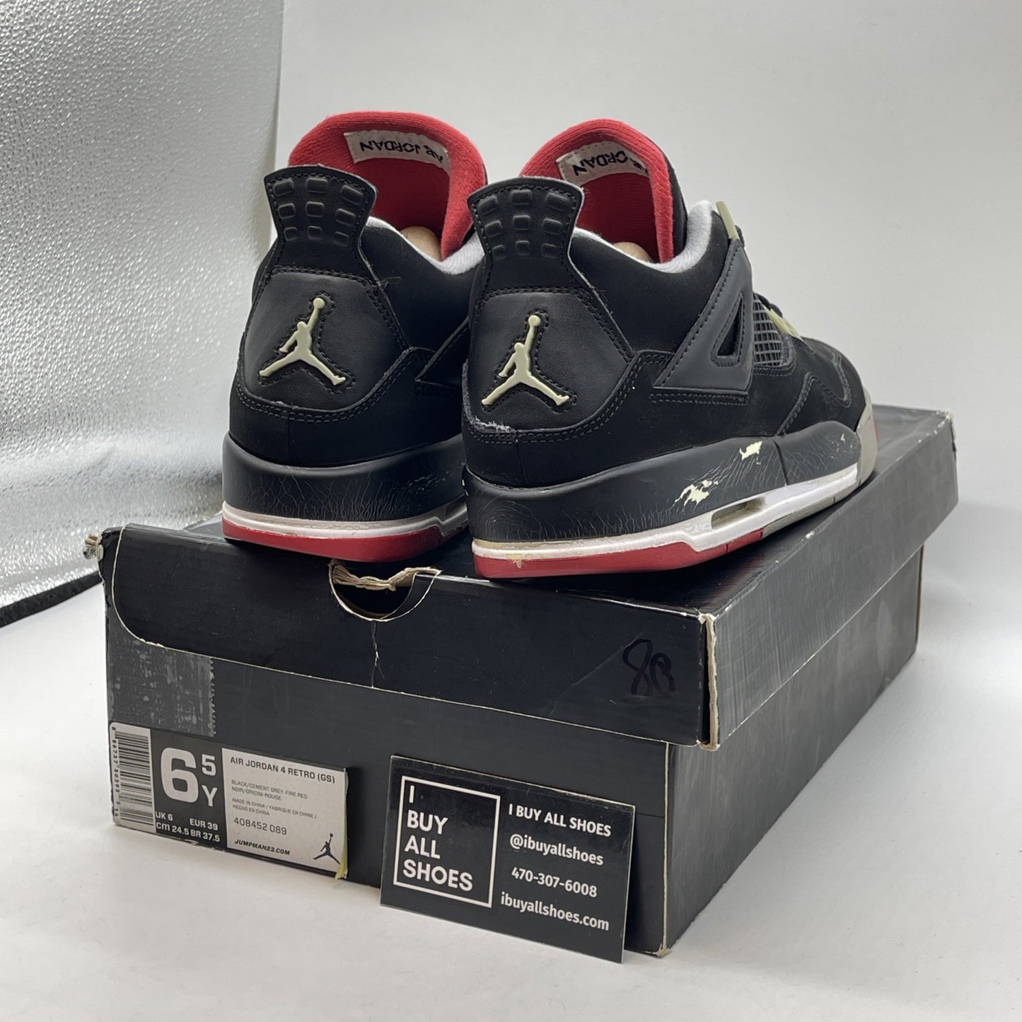 Size 6.5Y - Jordan 4 Retro bred release Black Grey Suede Leather (408452-089)