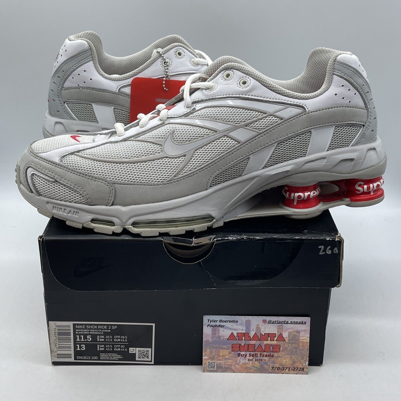 Size 11.5 - Nike Supreme x Shox Ride 2 White Grey Red Suede Leather (DN1615-100)