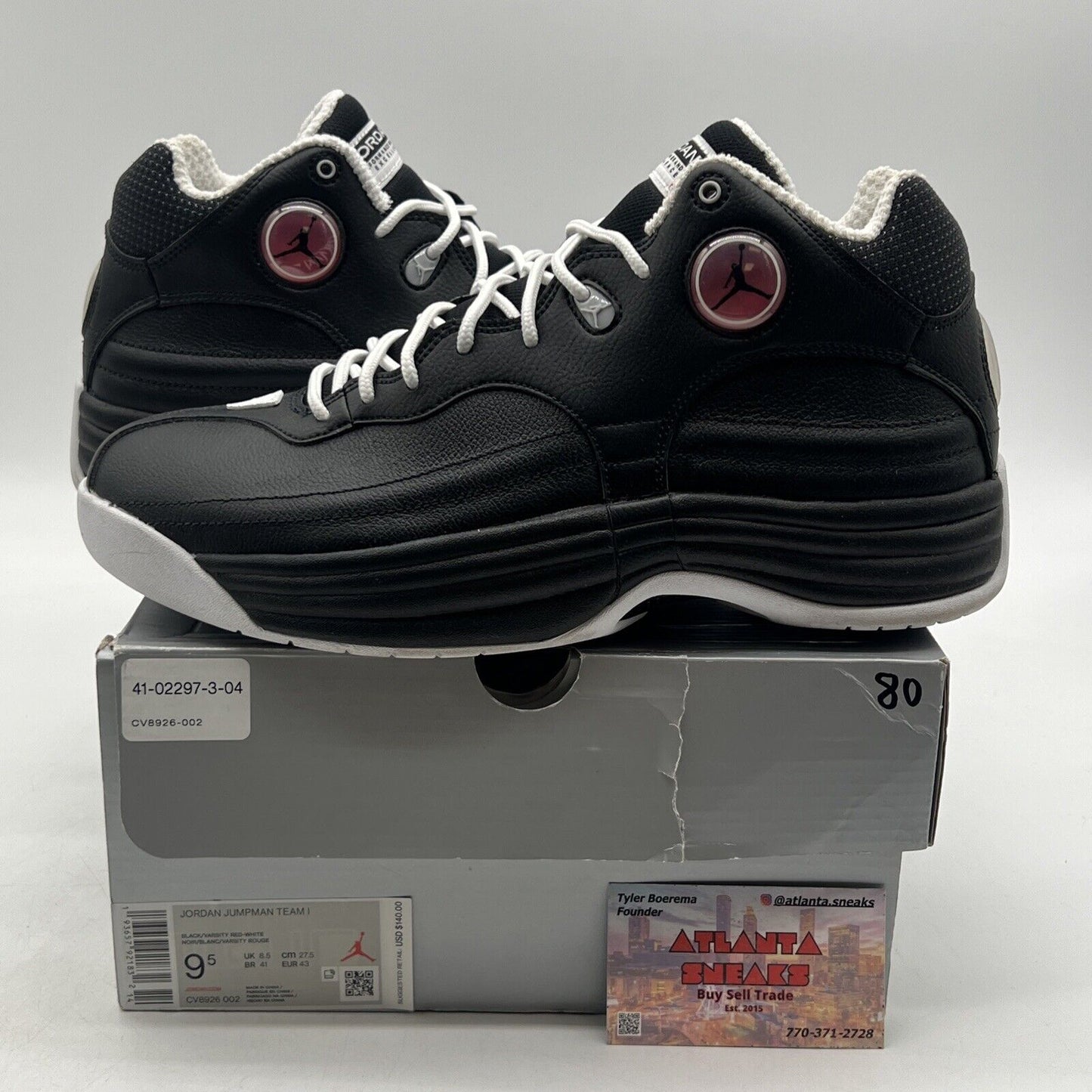 Size 9.5 - Jordan Jumpman Team 1 2020 Black White Leather Red (CV8926-002)