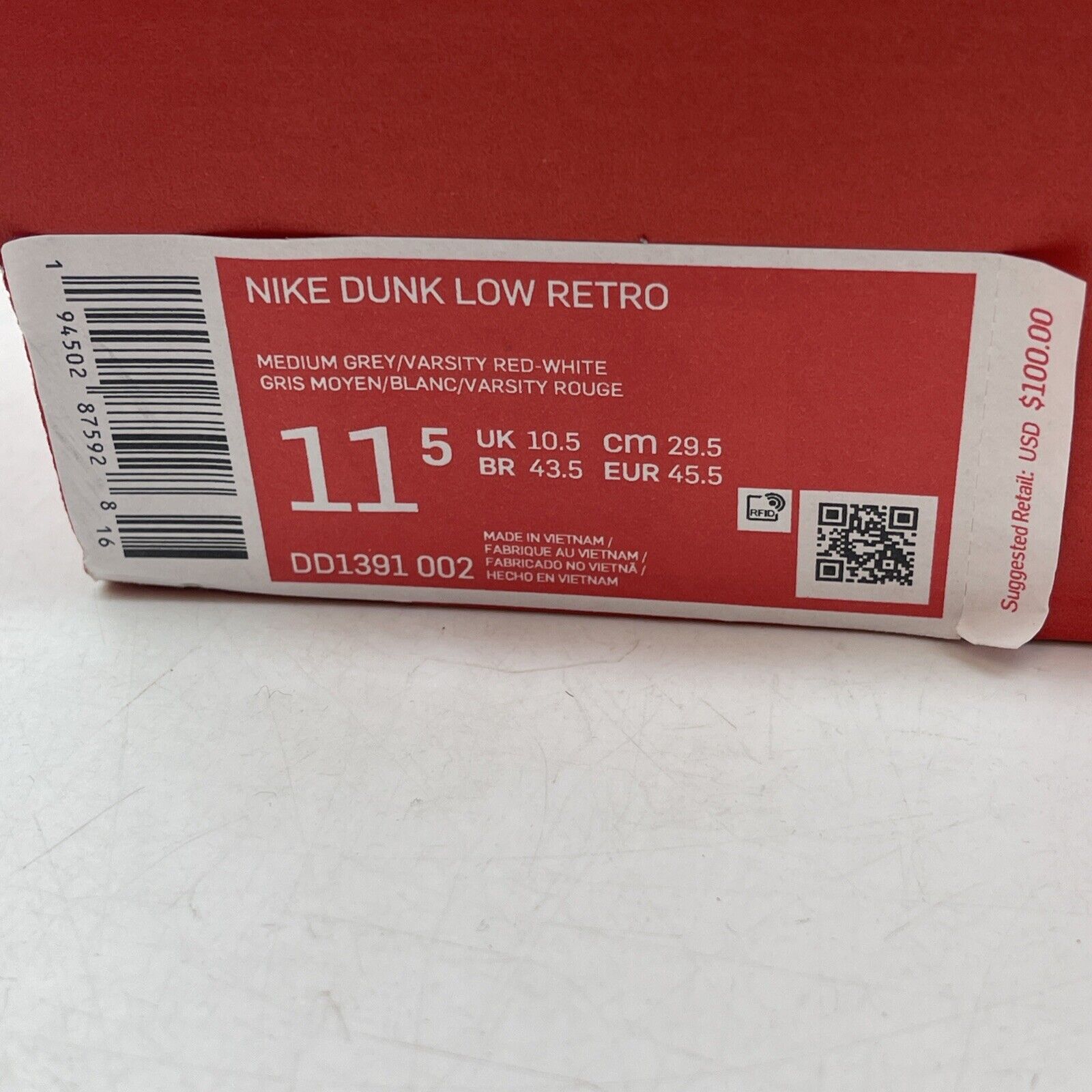 Size 11.5 - Nike Dunk Low SP UNLV 2021 Red White Grey Leather (DD1391-002)