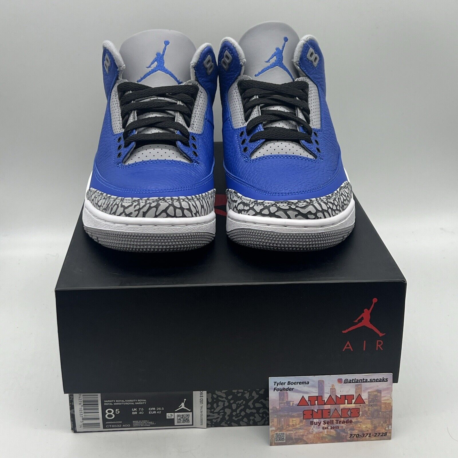 Size 8.5 - Jordan 3 Retro Varsity Royal 2020 Brand New Og All Black White Blue