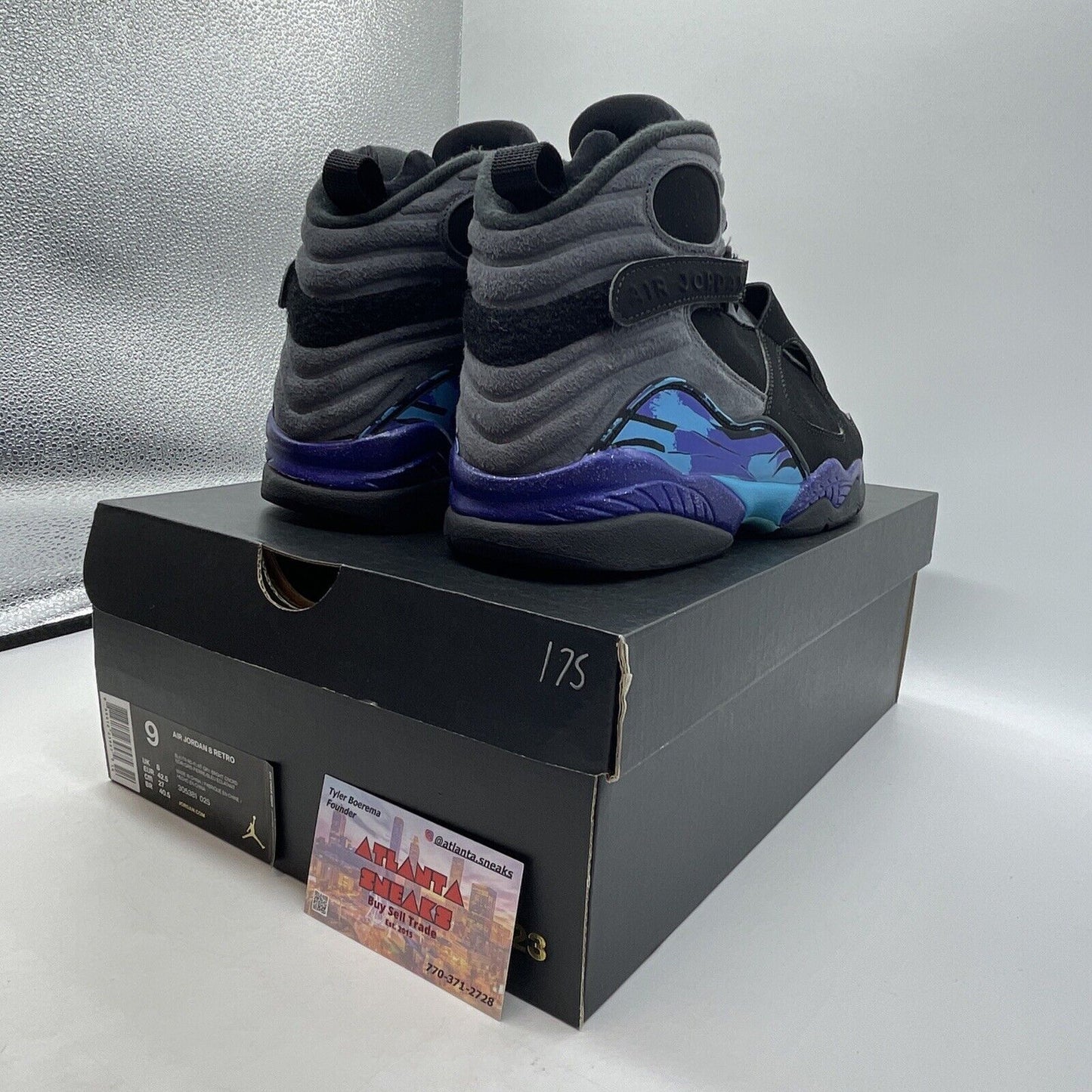 Size 9 - Jordan 8 Retro Aqua 2015 Black Blue Purple Yellow Suede (305381-025)