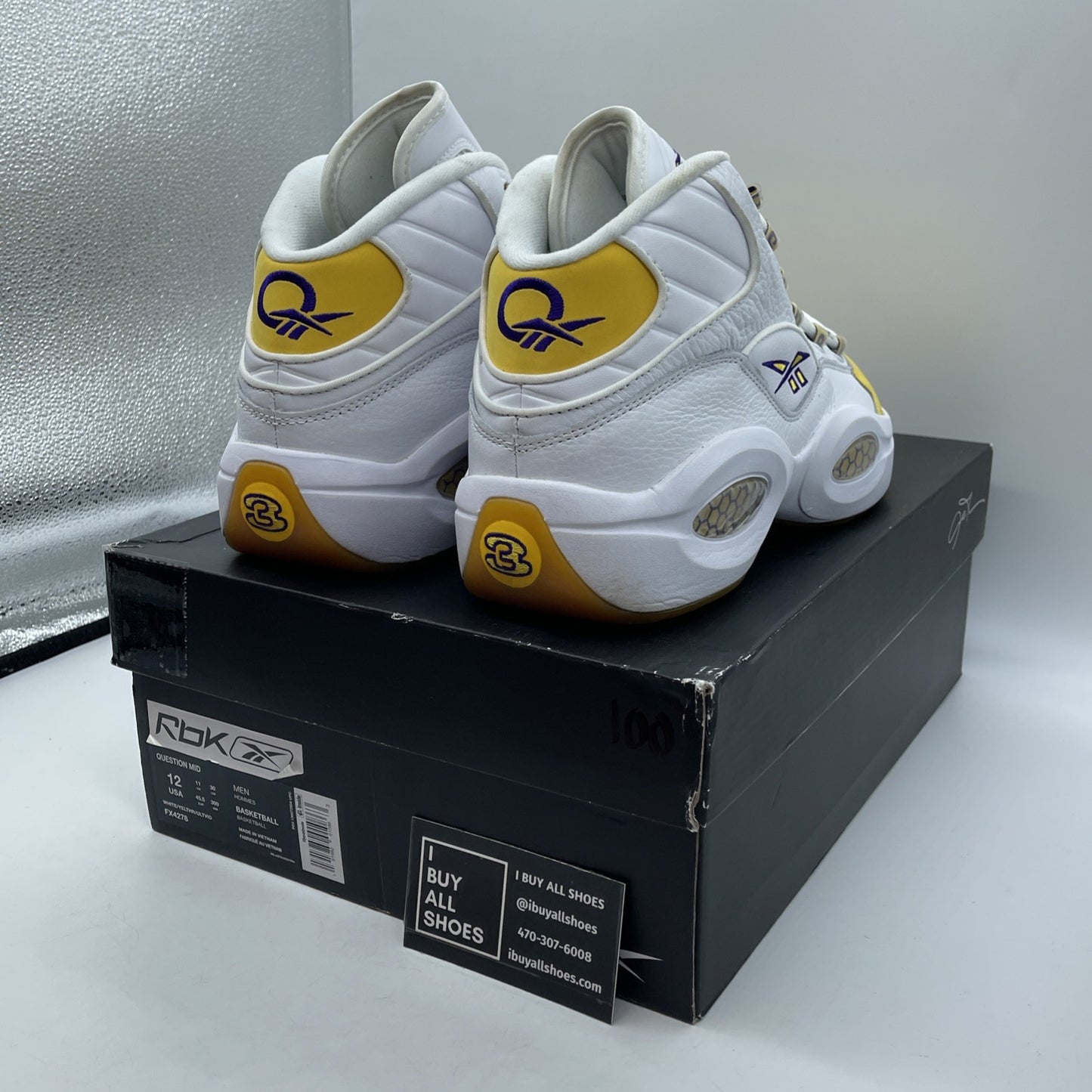Size 12 - Reebok Question Mid Yellow Toe Purple White Suede Leather (FX4278)