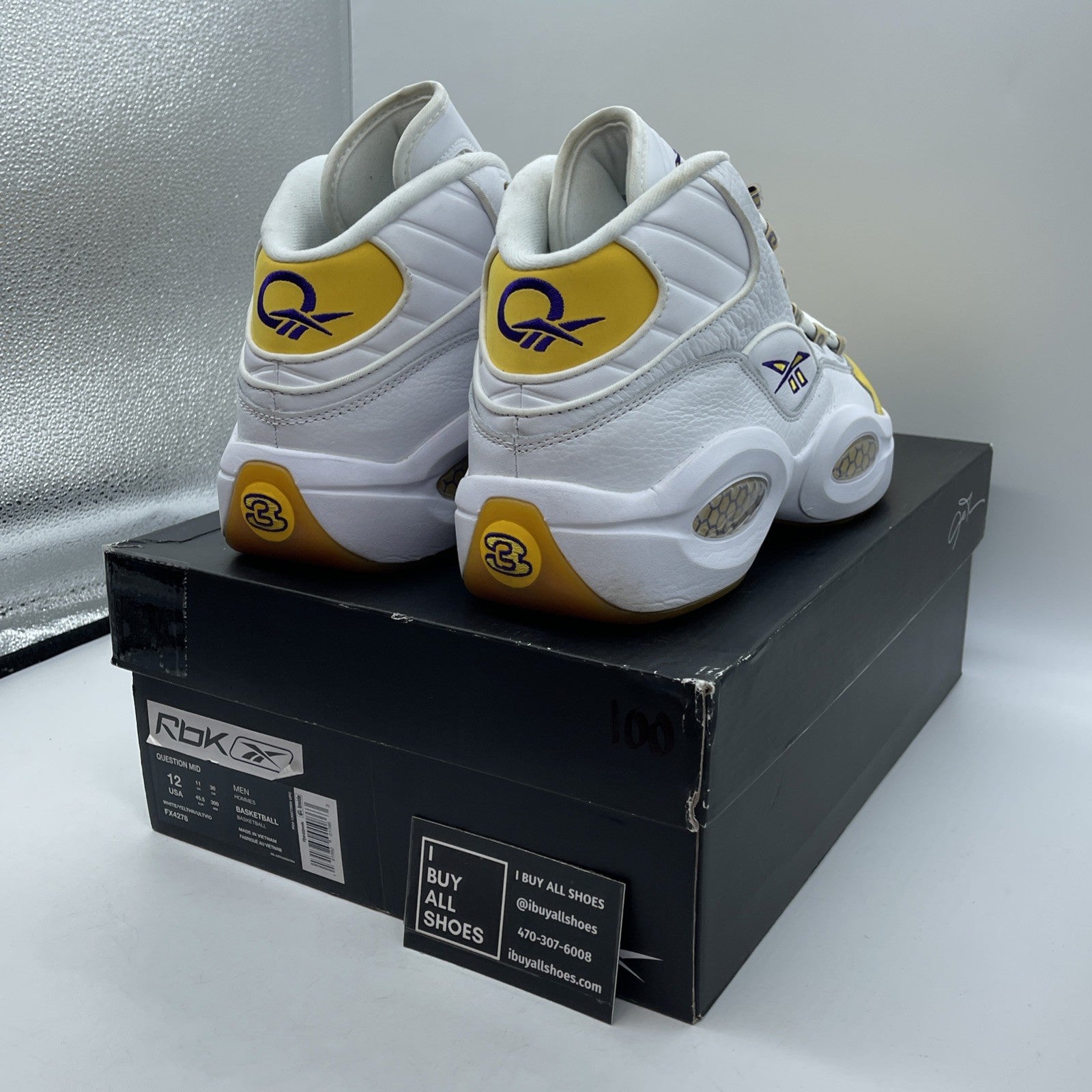 Size 12 - Reebok Question Mid Yellow Toe Purple White Suede Leather (FX4278)