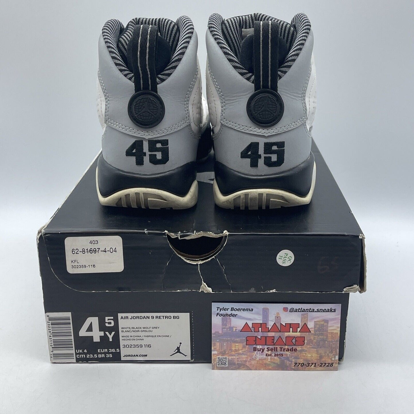 Size 4.5Y - Nike Air Jordan Retro 9 Baron White Leather Grey Suede (302359-116)