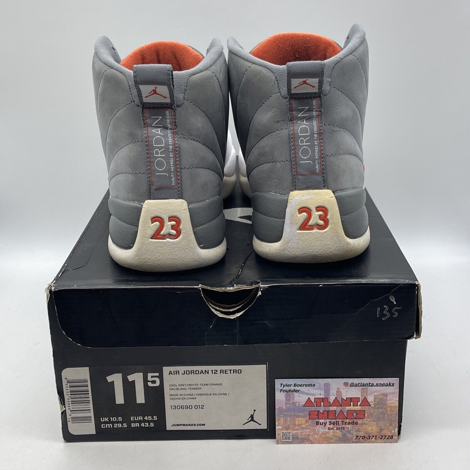 Size 11.5 - Air Jordan 12 Cool Grey Suede White Orange Leather (130690-012)