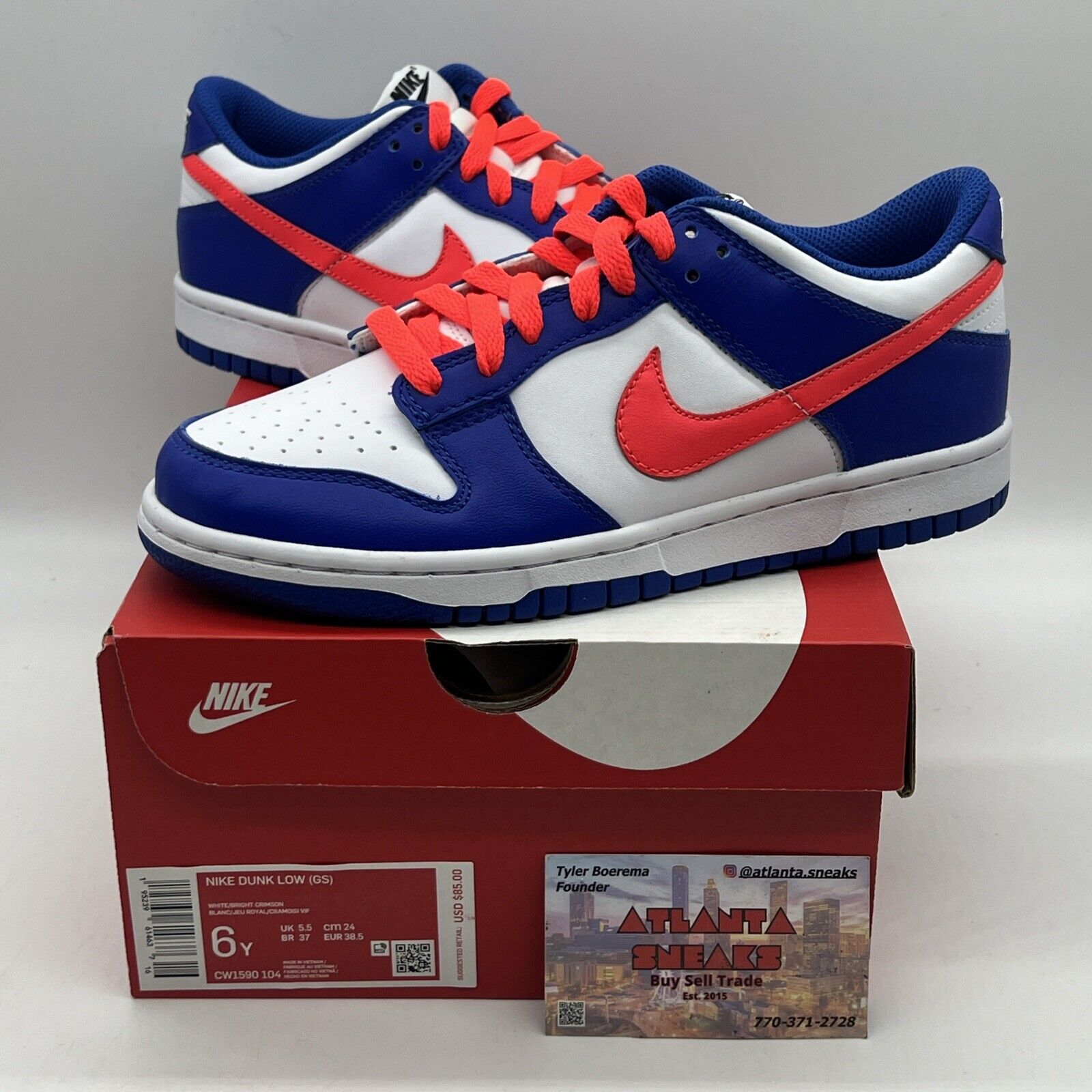 Nike Dunk Low Bright Crimson White Game Royal Blue Shoes Size 6y CW1590-104