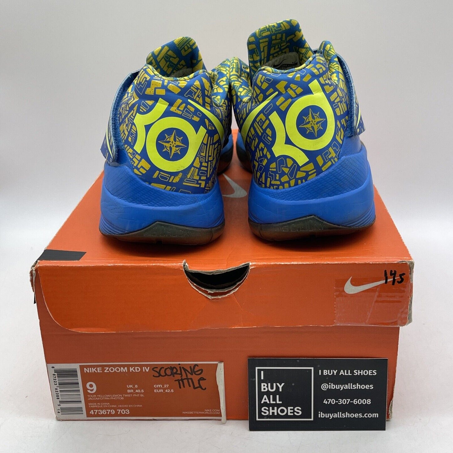 Size 9 - Nike Zoom KD 4 2012 Scoring Title Blue Yellow Leather (473679-703)