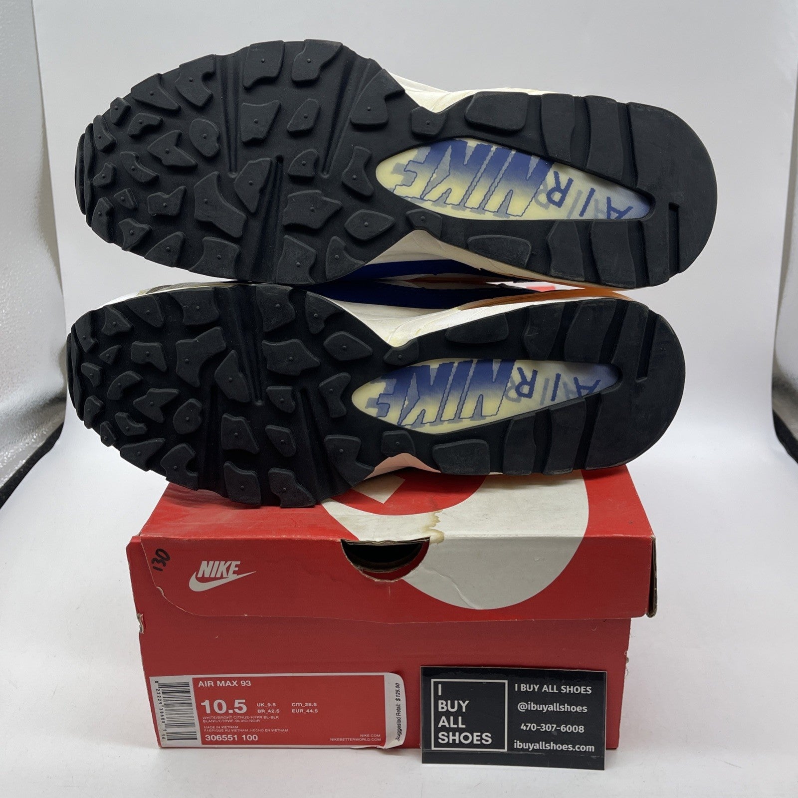 Size 10.5 - Nike Air Max 93 Bright Citrus White Blue Leather (306551-100)