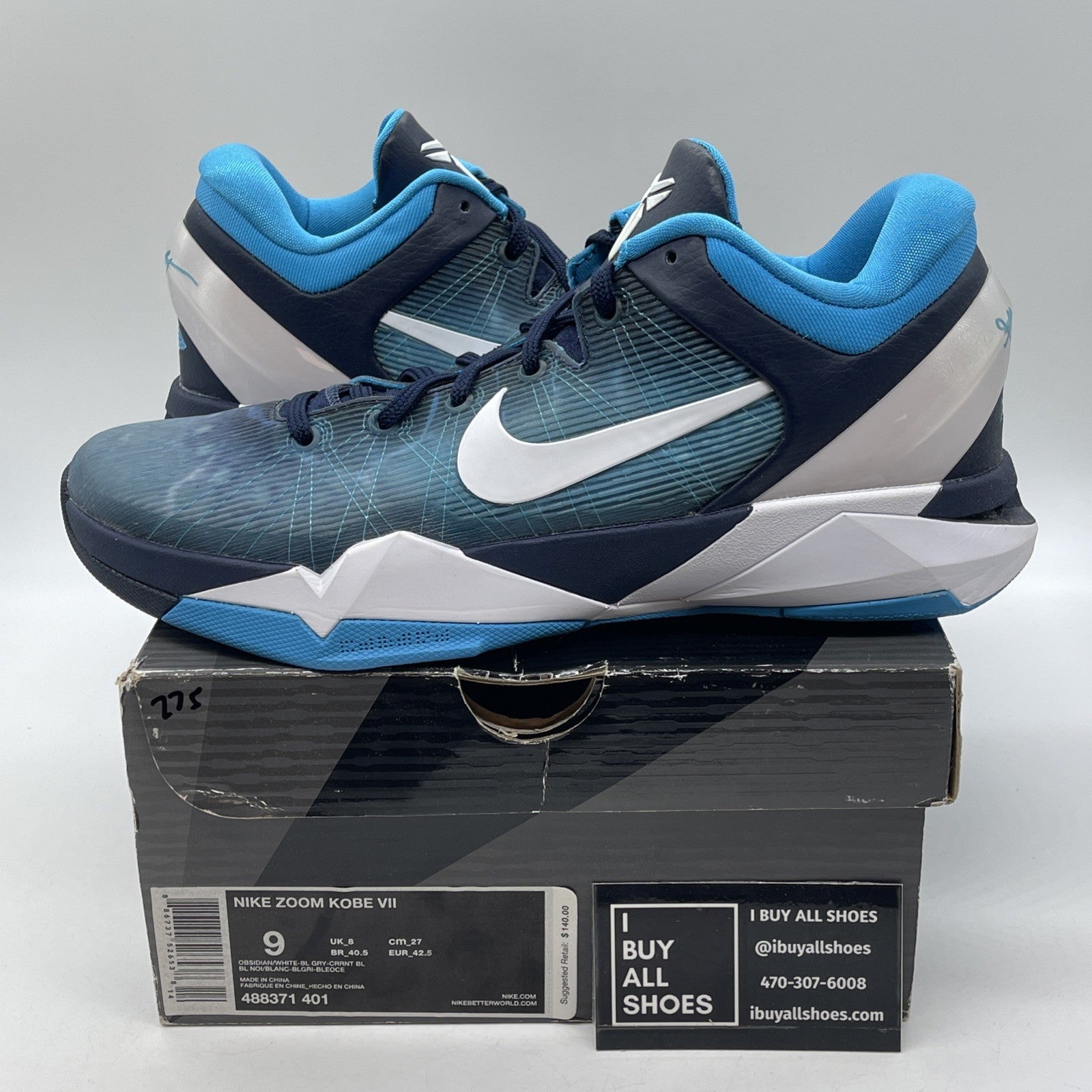 Size 9 - Nike Zoom Kobe 7 System Shark Blue White Leather (488371-401)