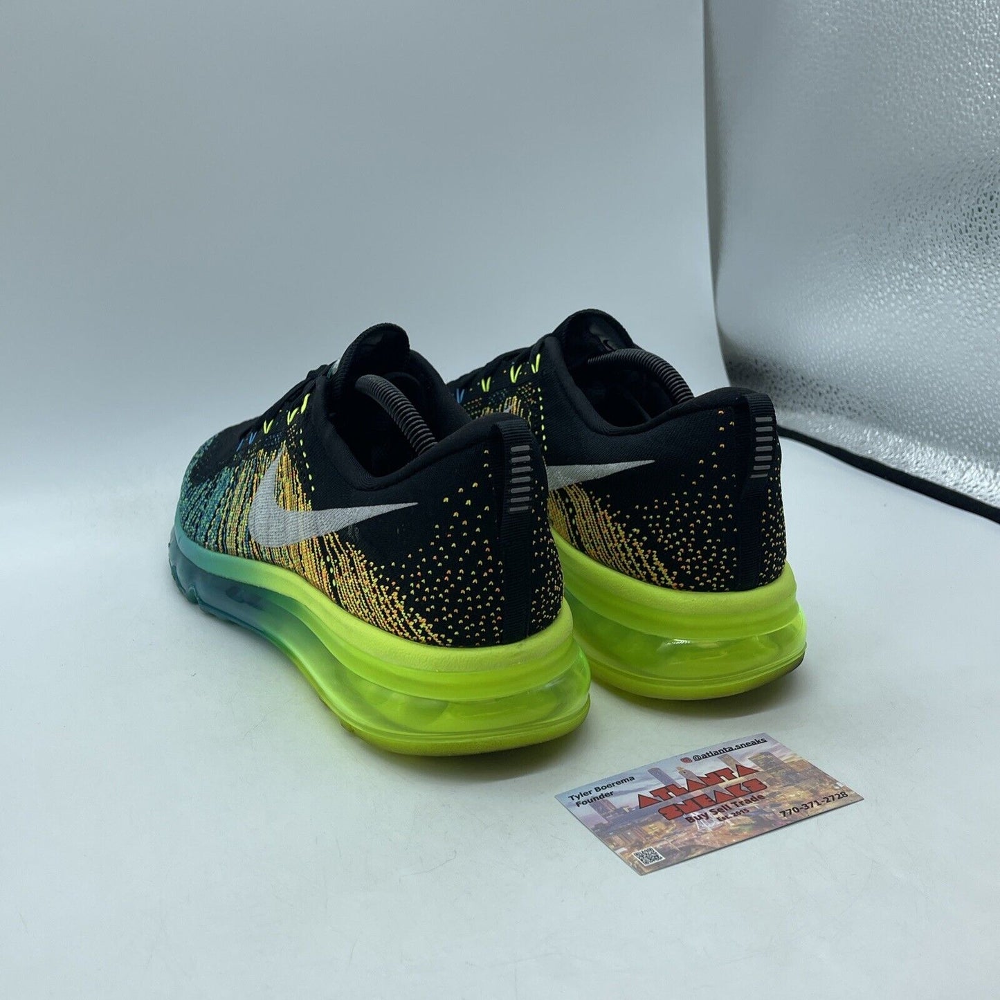 Size 11 - Nike Flyknit Max Black Blue Neon Yellow White Suede (620469-001)