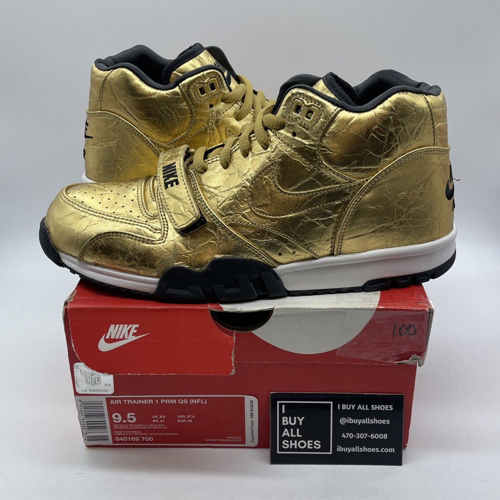 Size 9.5 - Nike Air Trainer 1 PRM QS Super Bowl Gold Black Leather (840169-700)
