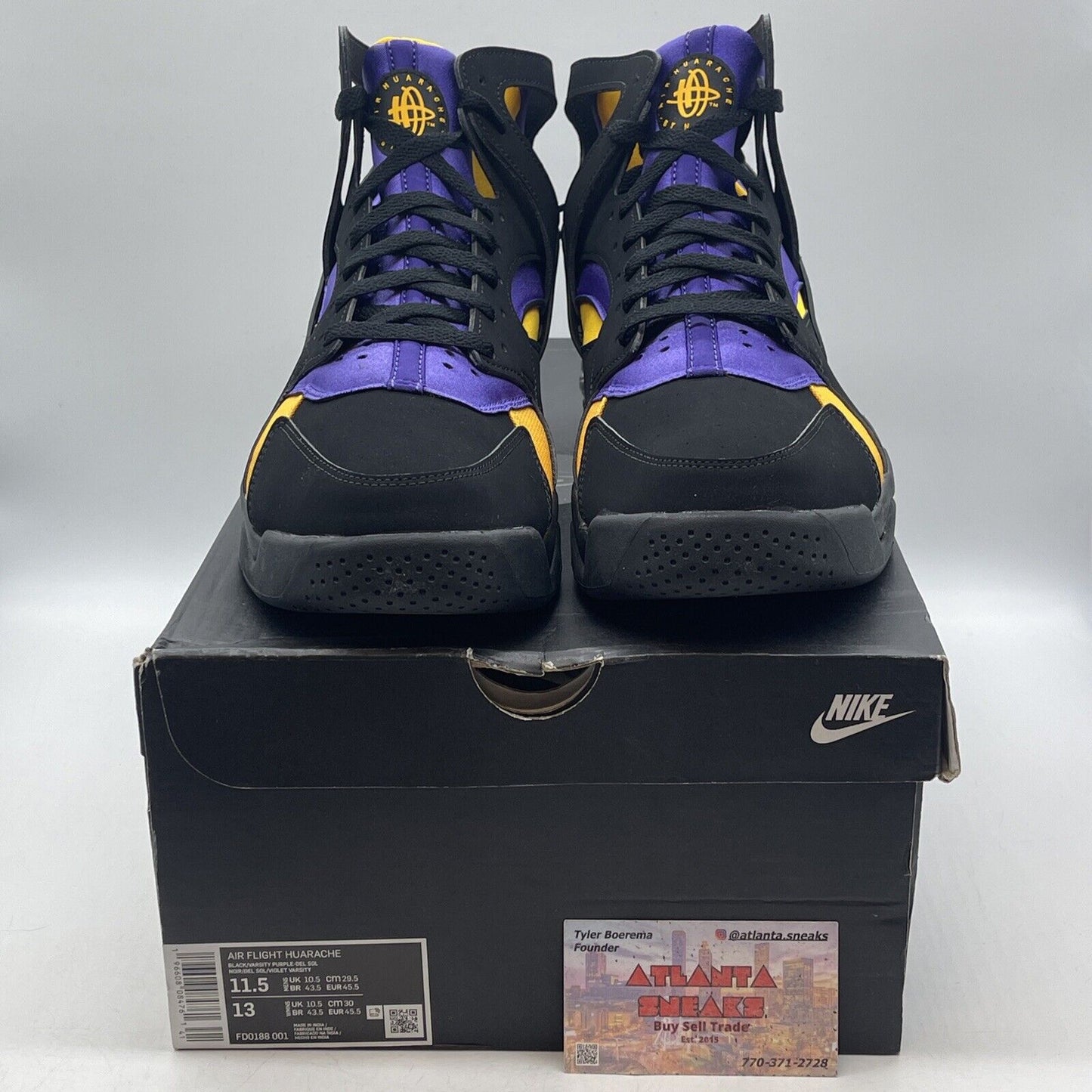 Size 11.5 - Nike Air Flight Huarache Lakers Away Black Suede Purple (FD0188-001)