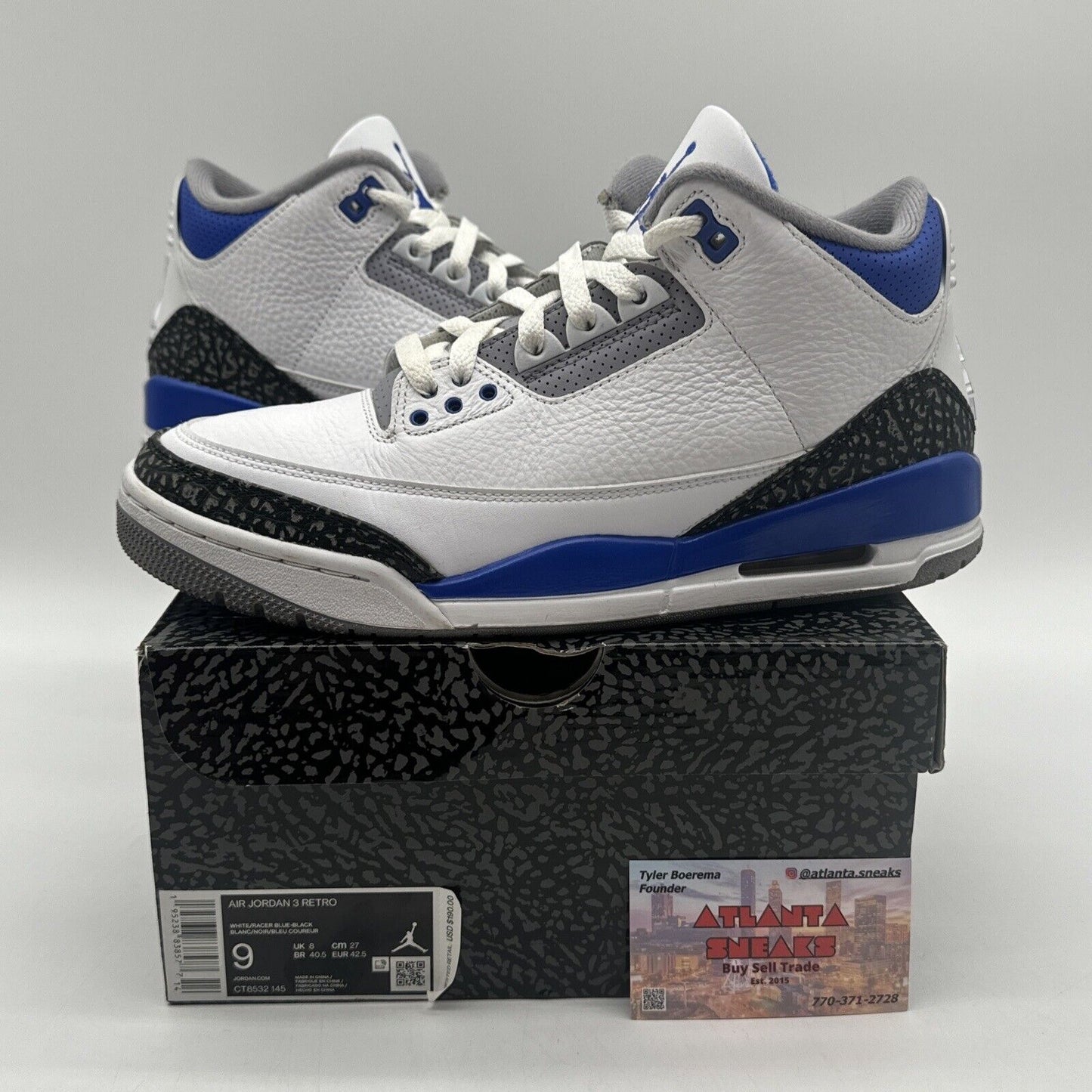 Size 9 - Jordan 3 Retro Mid Racer Blue White Leather Noir Cement Reflective Blak