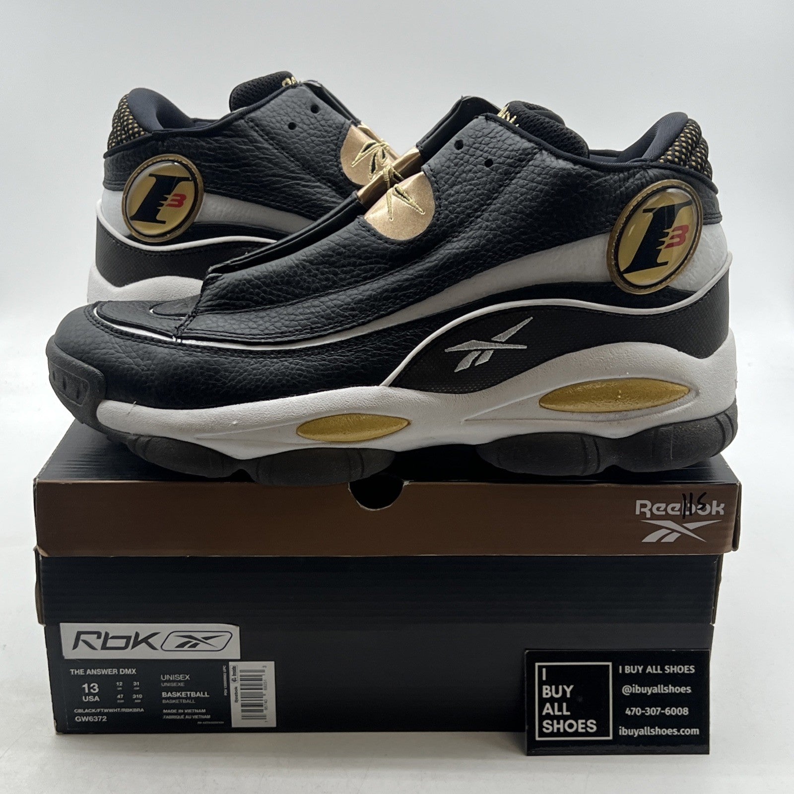 Size 13 - Reebok The Answer DMX 2022 Black White Gold (GW6372)