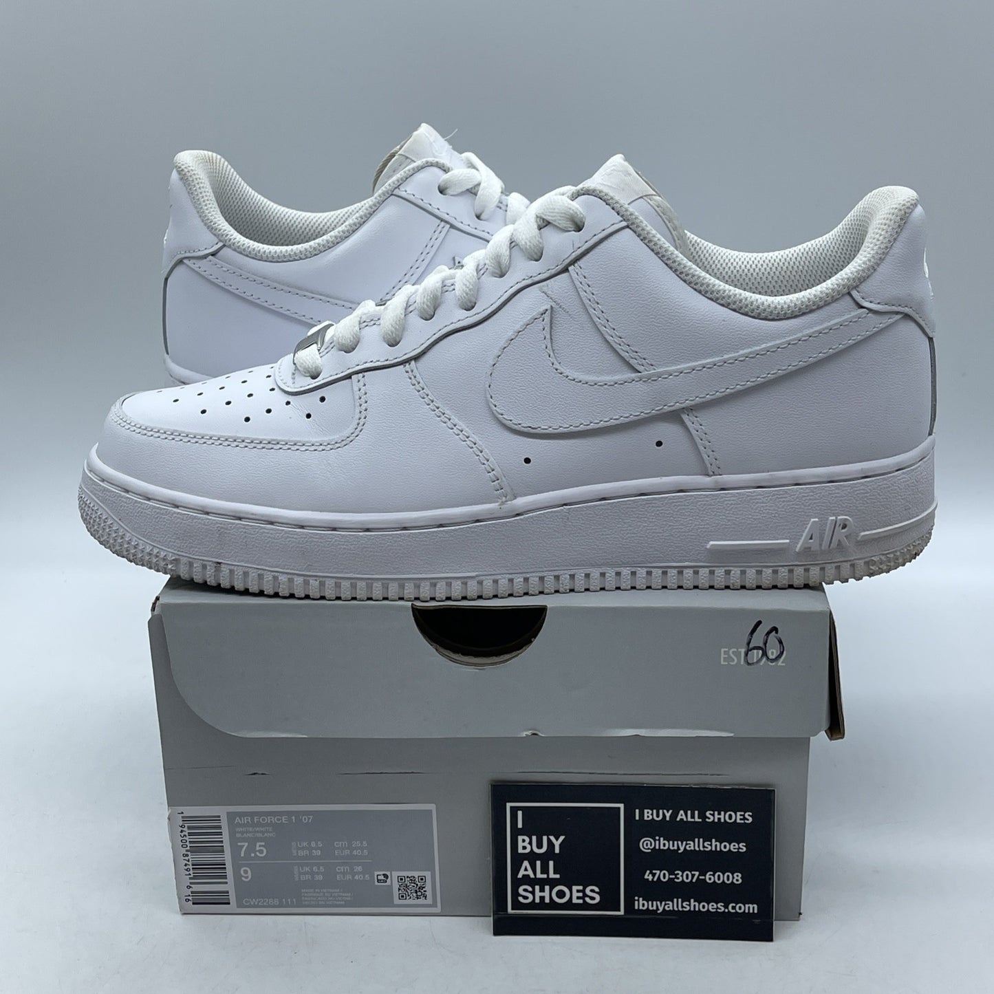 Size 7.5 - Nike Air Force 1 '07 Low Triple White Leather (CW2288-111)