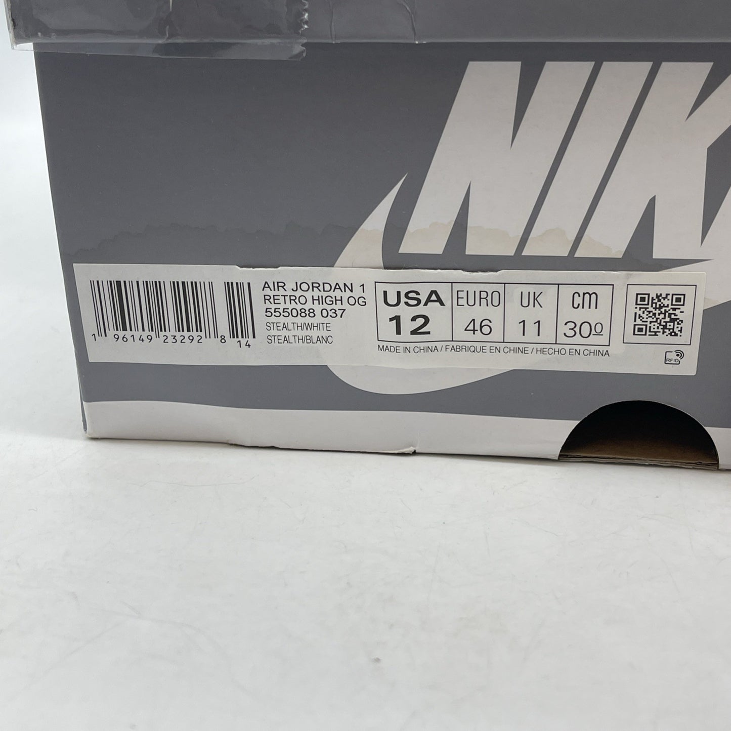 Size 12 - Jordan 1 Retro High OG Stealth Grey White Leather (555088-037)