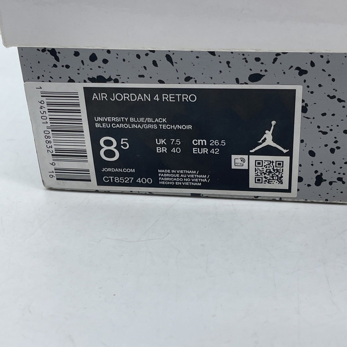 Size 8.5 - Jordan 4 Retro Black Tech Grey University Blue White (CT8527-400)