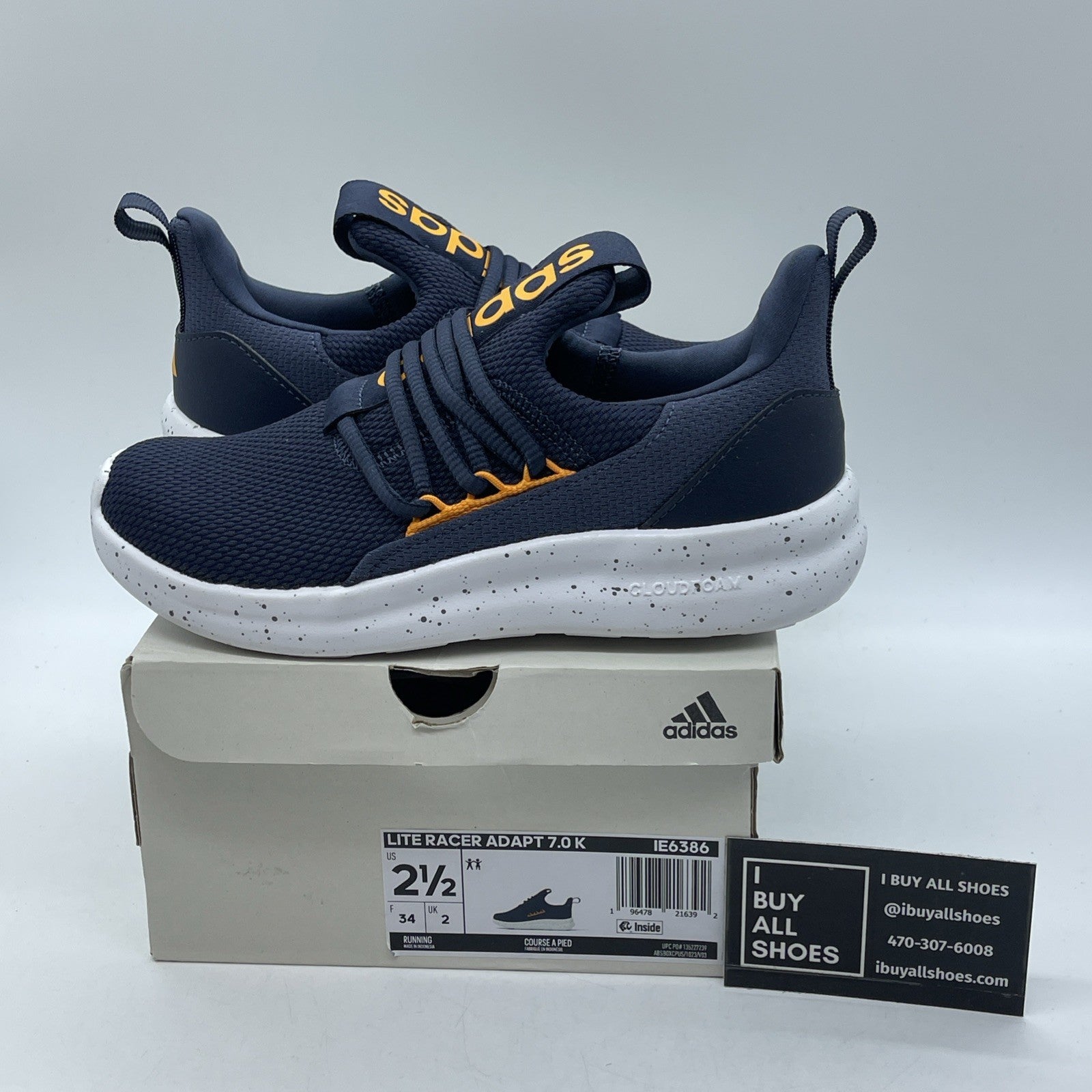 Size 2.5Y - Adidas Boys Lite Racer Adapt 7.0 Blue Yellow Suede (IE6386)