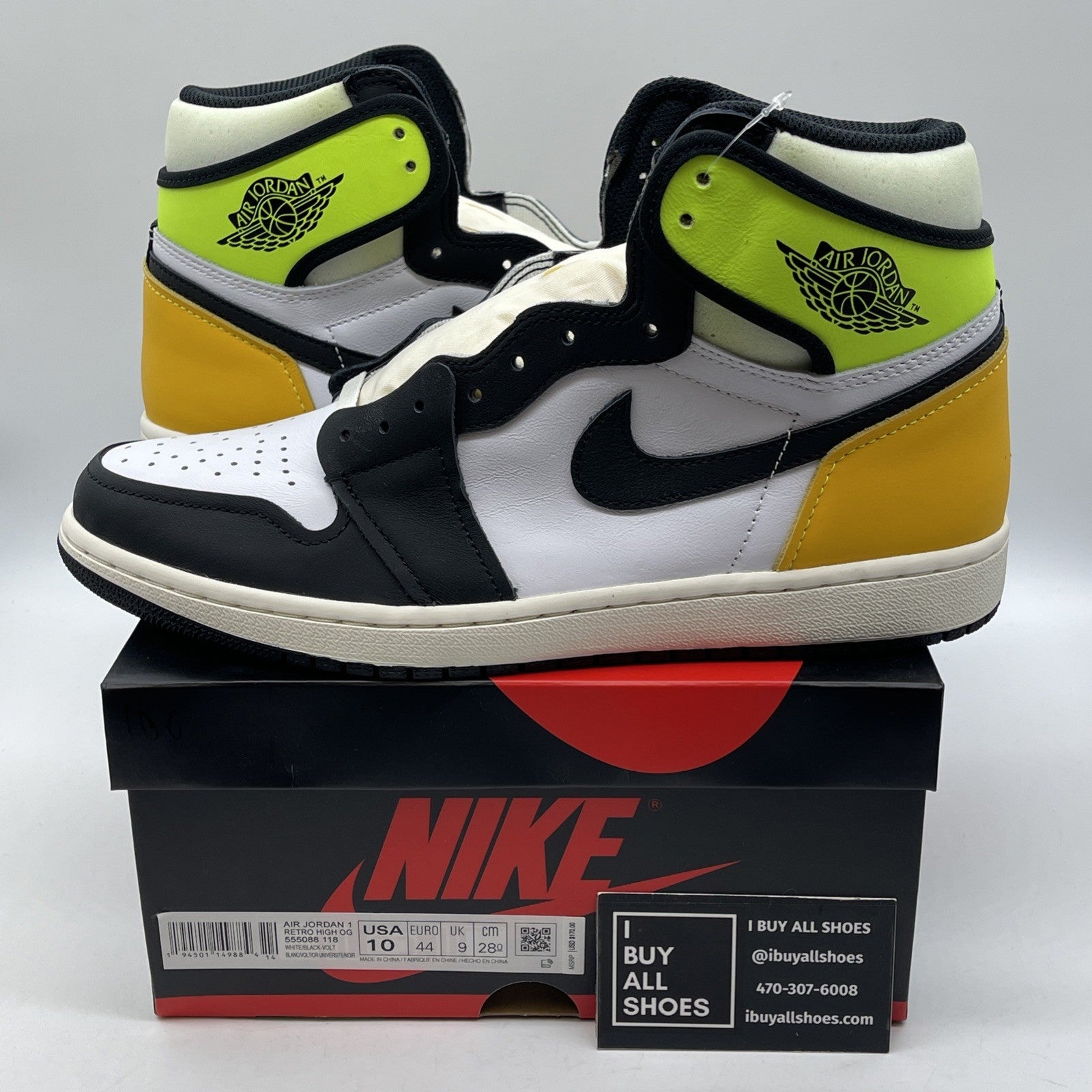 Size 10 - Jordan 1 Retro High OG Volt White Black Yellow Leather (555088-118)