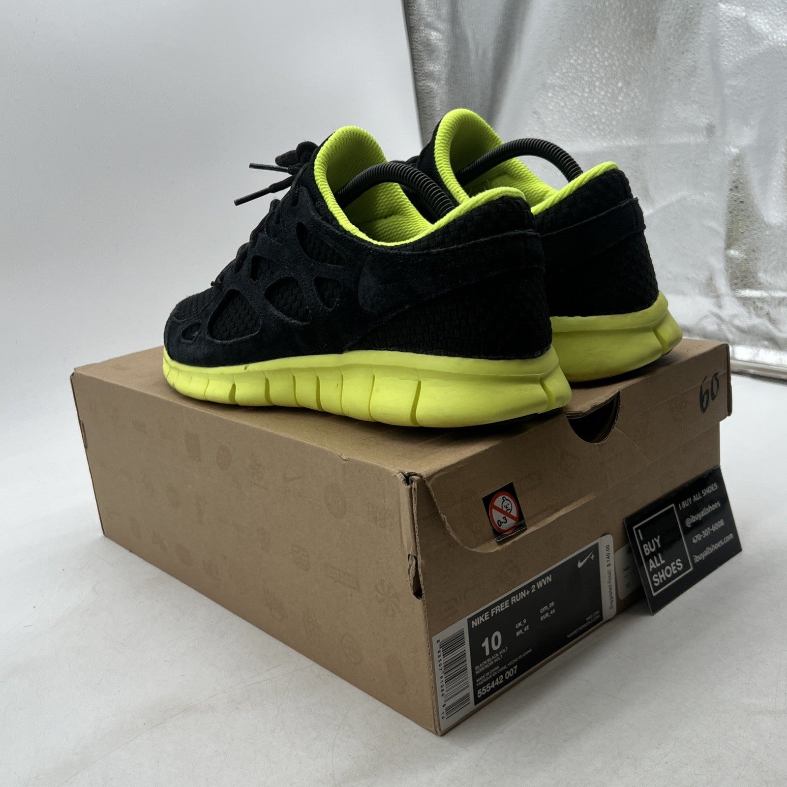 Size 10 - Nike Free Run+ Woven WVN Sneakers Black Volt (555442-007)