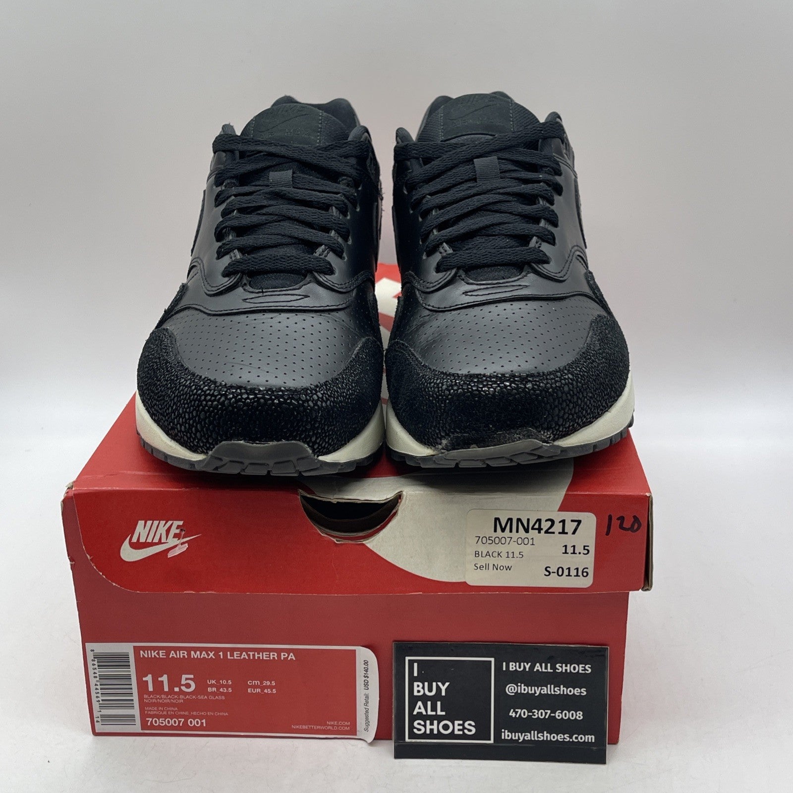 Size 11.5 - Nike Air Max 1 Leather Pa Caviar (705007-001)