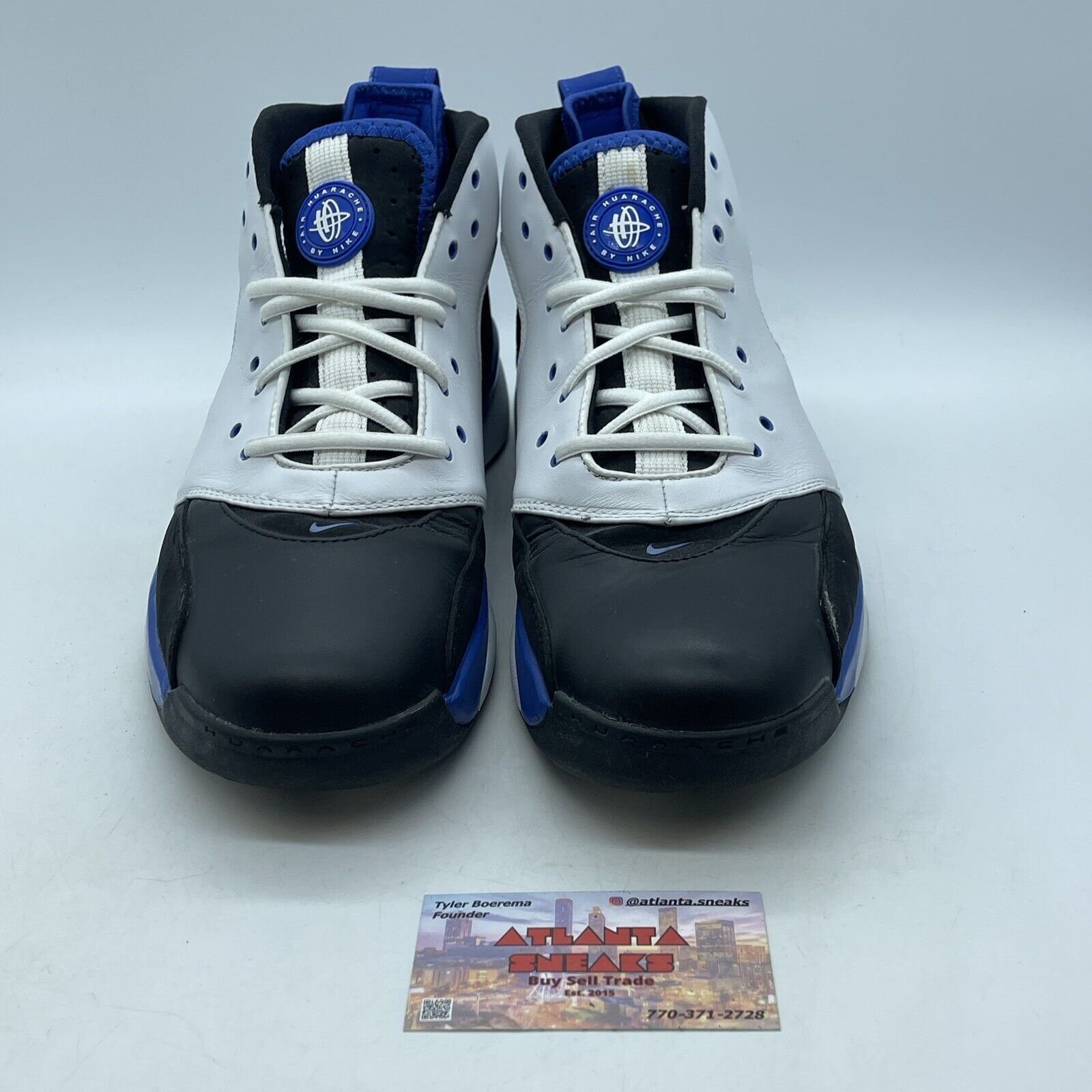 Size 11 - VINTAGE NIKE AIR HUARACHE White Black Blue suede Leather  (313386-013)
